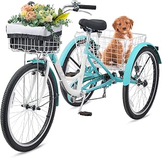 VIRIBUS Adult Tricycle 3 Wheel Bike for Seniors Women Men - 7 Speed 24" Aqua, 400lb Capacity, Removable Front Rear Baskets