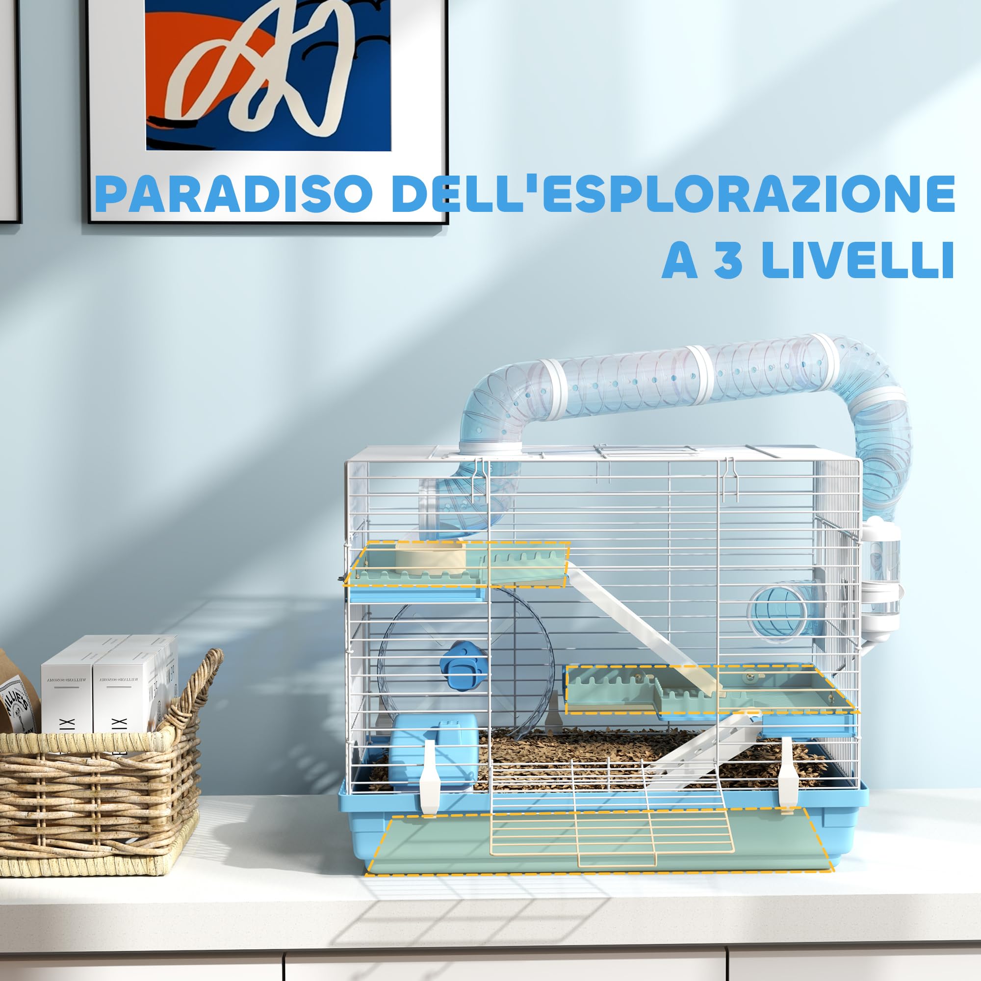 PawHut Gabbia per Criceti a 3 Livelli con Casetta, Ruota, Ciotola per Cibo, Bottiglia e Tubi, Gabbietta per Piccoli Roditori e Criceti Nani, 47.5x31.5x29.5 cm, Azzurro
