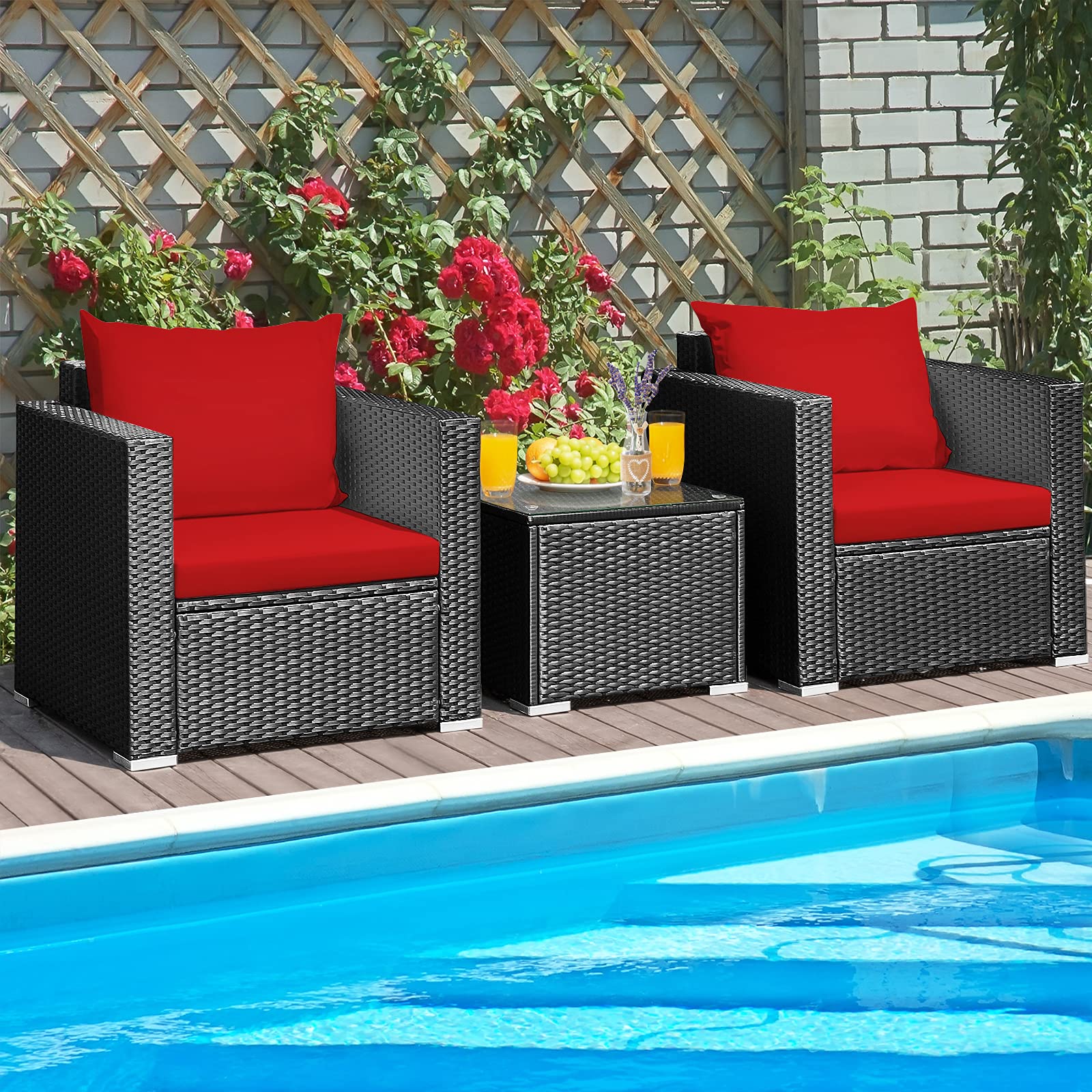 Toolsempire 3 Pieces Patio Conversation Set Outdoor Rattan Wicker Furniture Set with Water-Resistant Cushion & Tempered Glass Tabletop, Wicker Chair