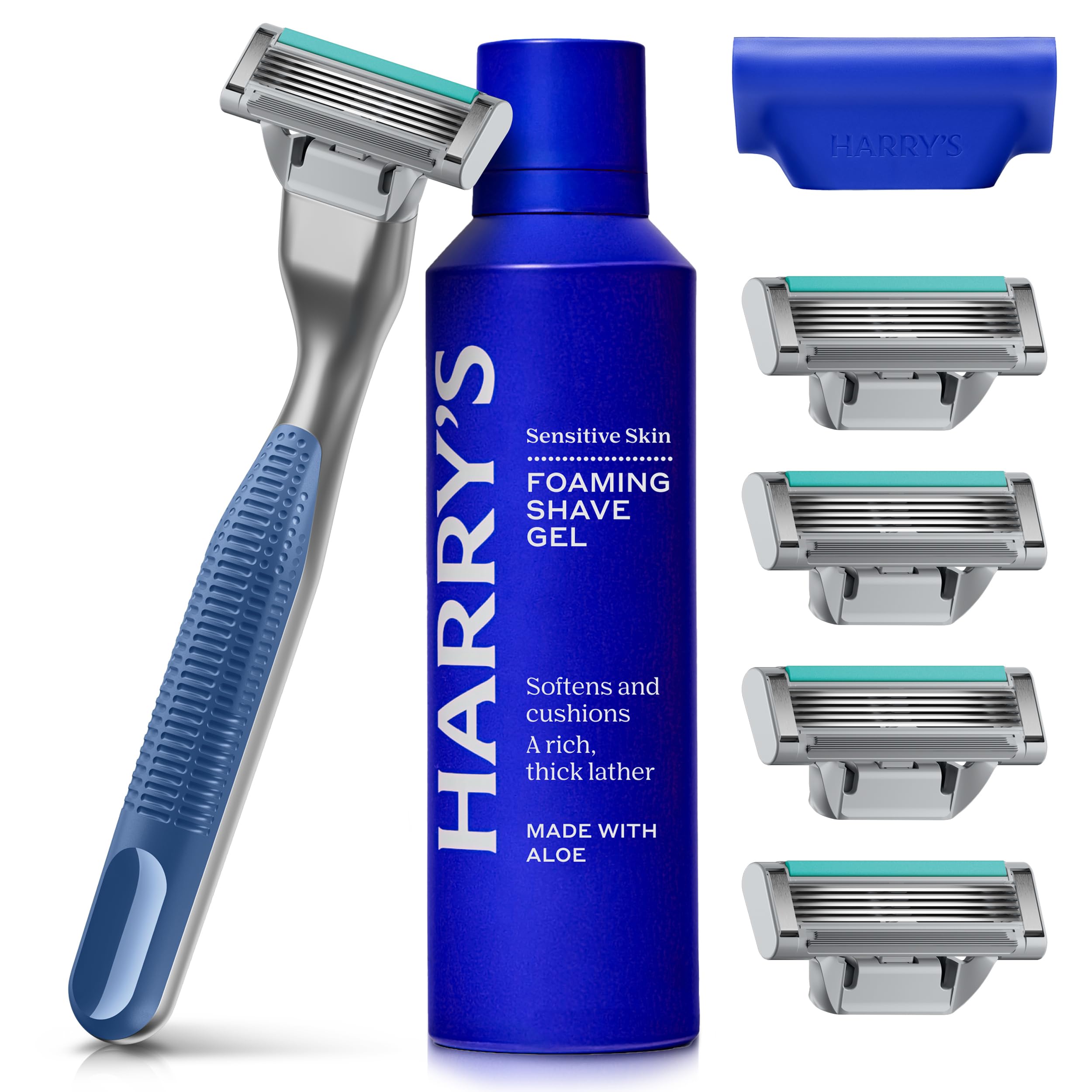 Harry's Plus - Starter Set for Men (Tide) - Premium Handle with 5 Razor Refills, 60ml Foaming Shave Gel and Travel Blade Cover