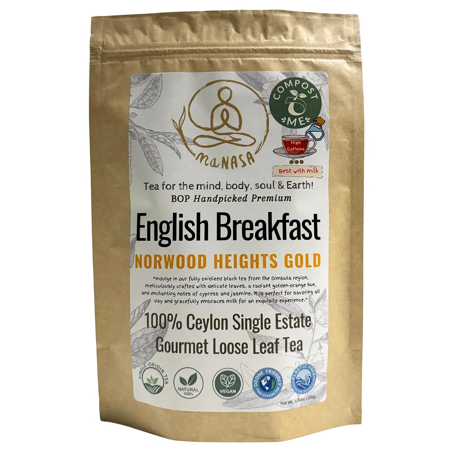 English Breakfast Ceylon Loose Leaf Black Tea, Dimbula Norwood Heights Gold BOP - Best with Milk | Premium Ceylon Tea packaged without Plastic in a 100% Biodegradable Resealable Pouch