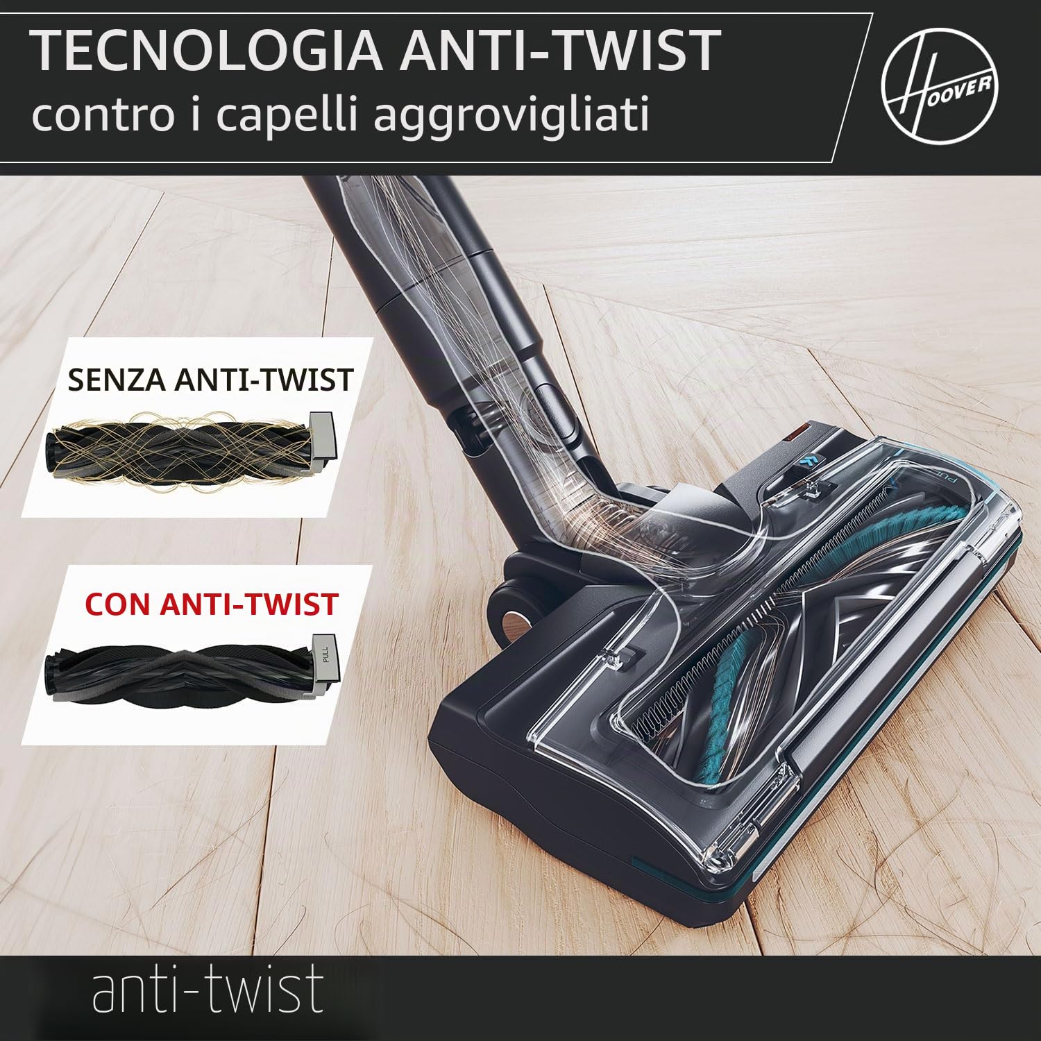 Hoover [HF410H Aspirapolvere senza fili, manovrabilità a 360° per tutti i tipi di pavimenti, spazzola anti-groviglio con luci LED integrate, Nero/Magenta