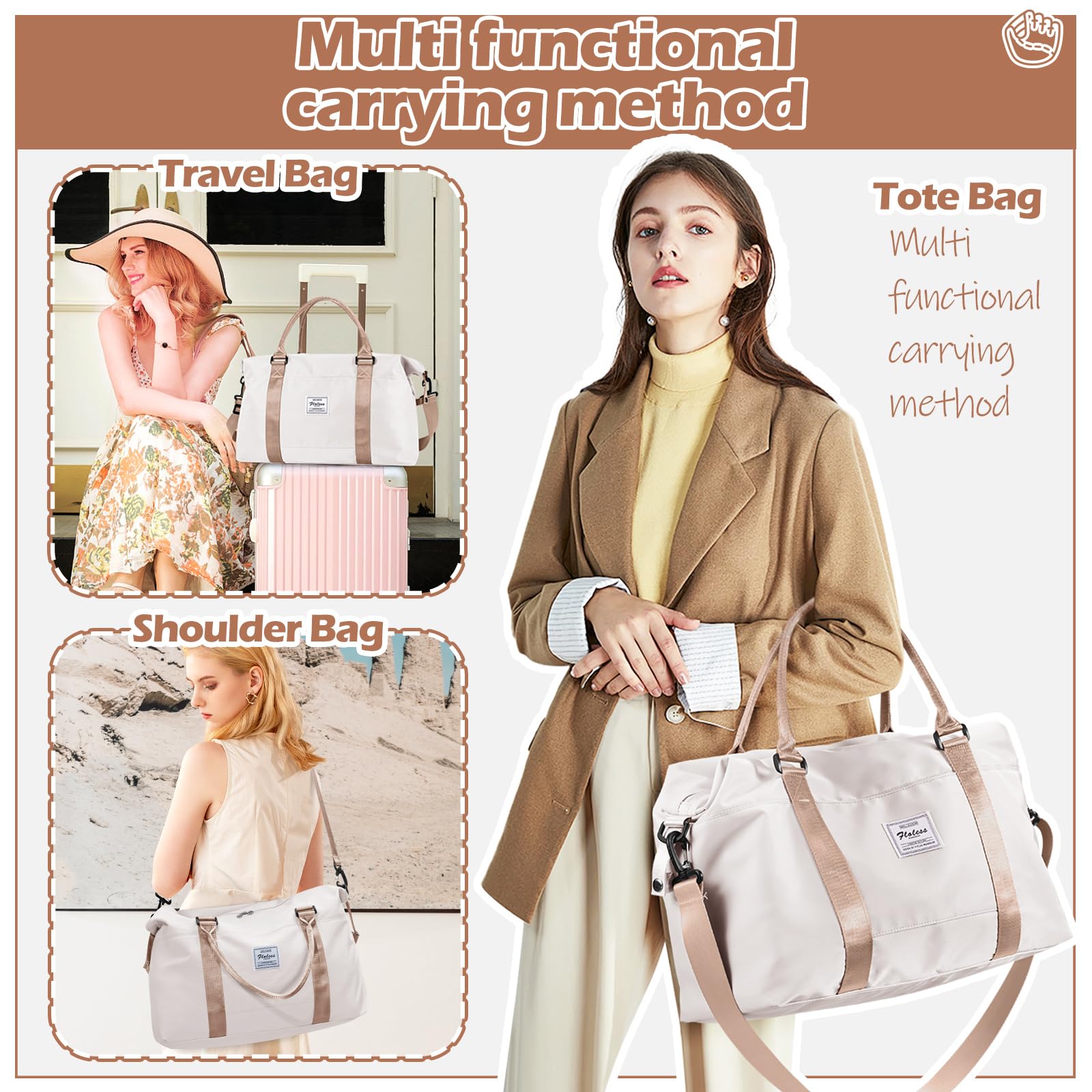 Bolsa deportiva de viaje grande para gimnasio, para mujer, bolsa de fin de semana, X-beige, Large, Deportivo