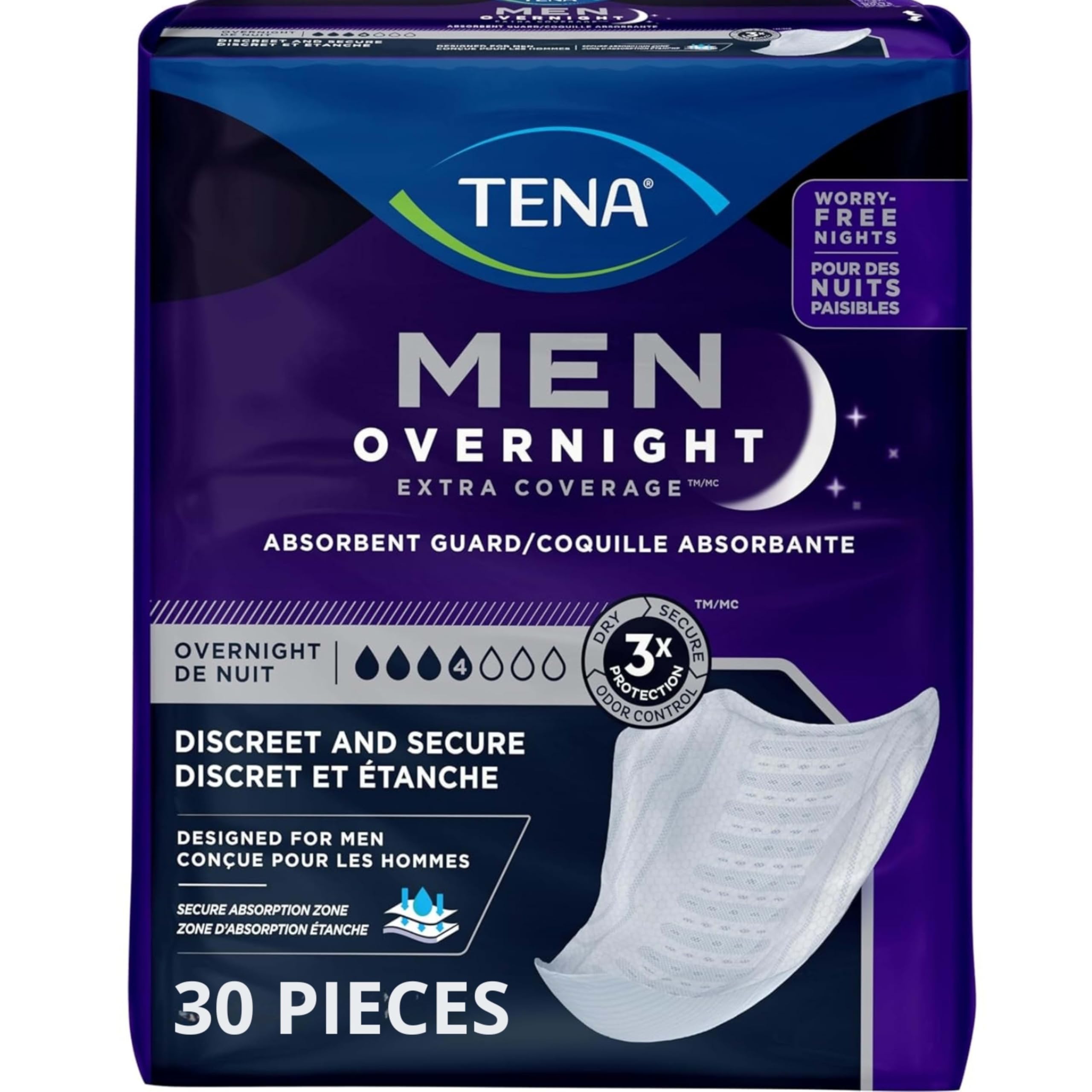Tena Men Overnight Incontinence Protective Guard, Bladder Control, Discrete, Overnight Absorbency, 30 Count