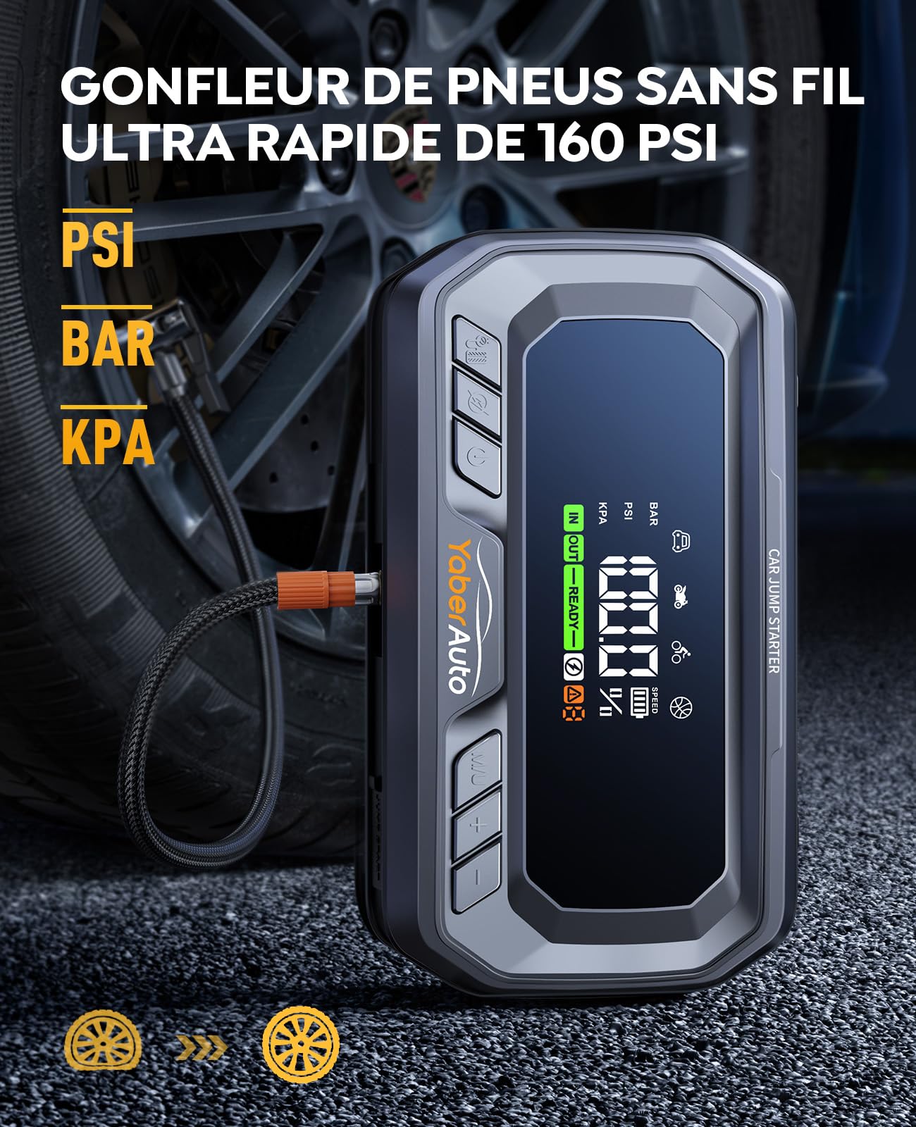 Booster Avviamento Auto con Compressore 160 PSI, YaberAuto 6000A Avviatore Batteria Auto, 65W Ricarica rapida,Starter Batteria Auto per Tutto Gas/12.0L Diesel, 600 Lumen Torcia,160W DC Uscita