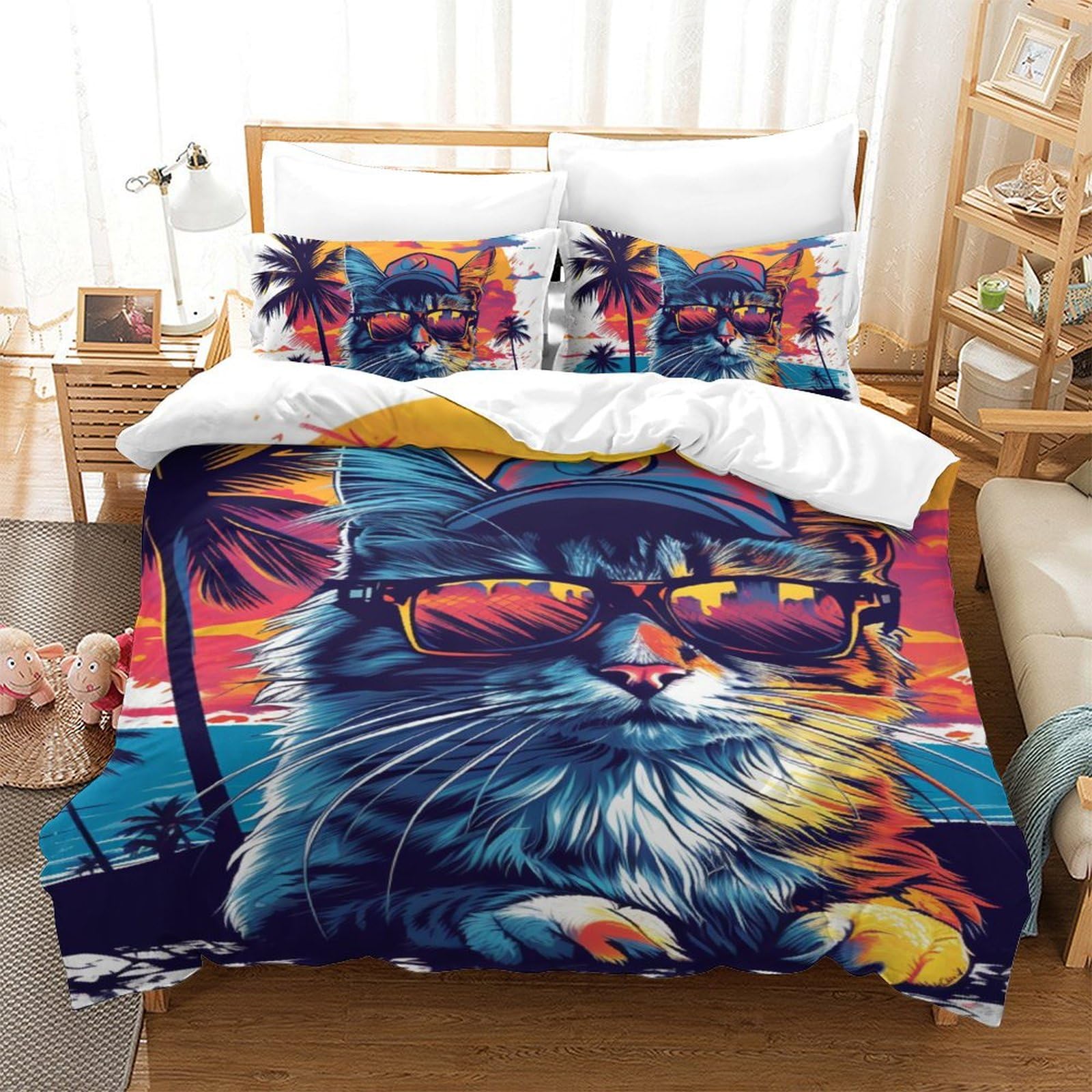 Housse de couette chat 3D 140x200 cm avec taie d'oreiller en microfibre pour lit enfant