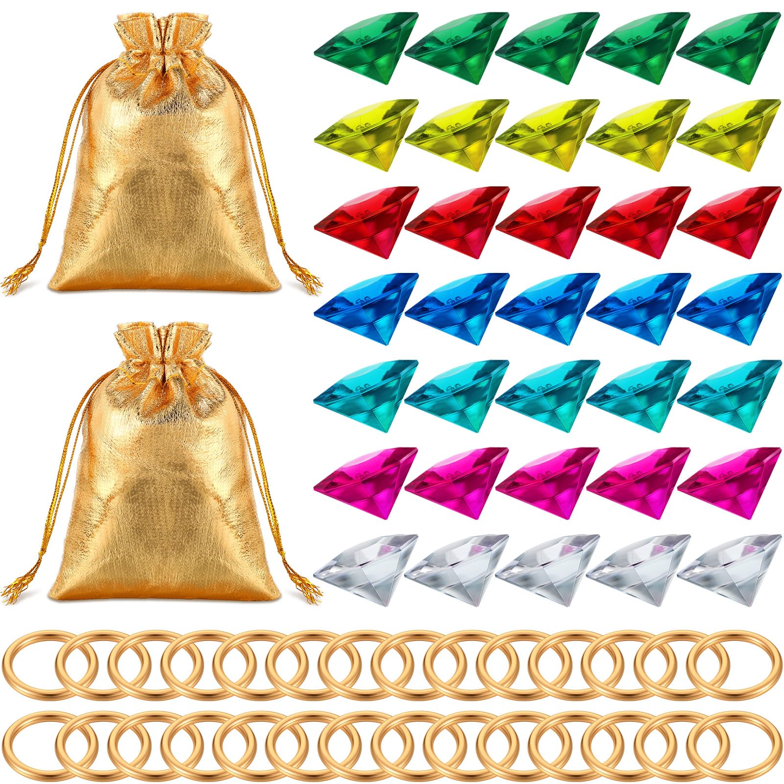 Chalyna Set di 60 anelli rotondi in lega di oro con diamanti acrilici, riccio, caos, smeraldo, potere, bomboniere, pirati, caccia al tesoro, decorazione per torte, con sacchetto regalo per compleanno