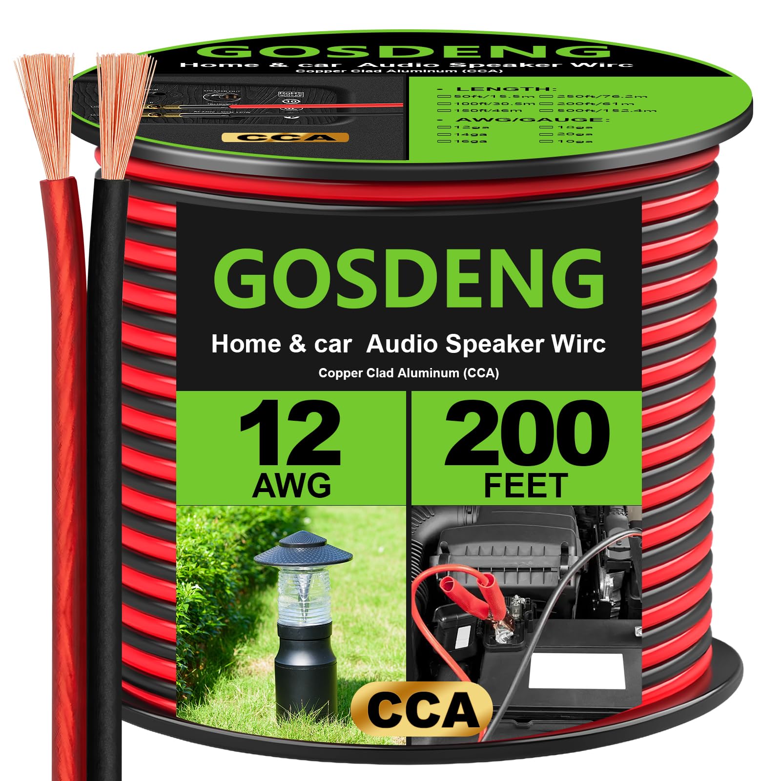Cable de altavoz de calibre 12, cable de audio suave al tacto de 200 pies para estéreo de coche, cine en casa, sonido envolvente, cable de altavoz flexible de 12 AWG, rojo/negro