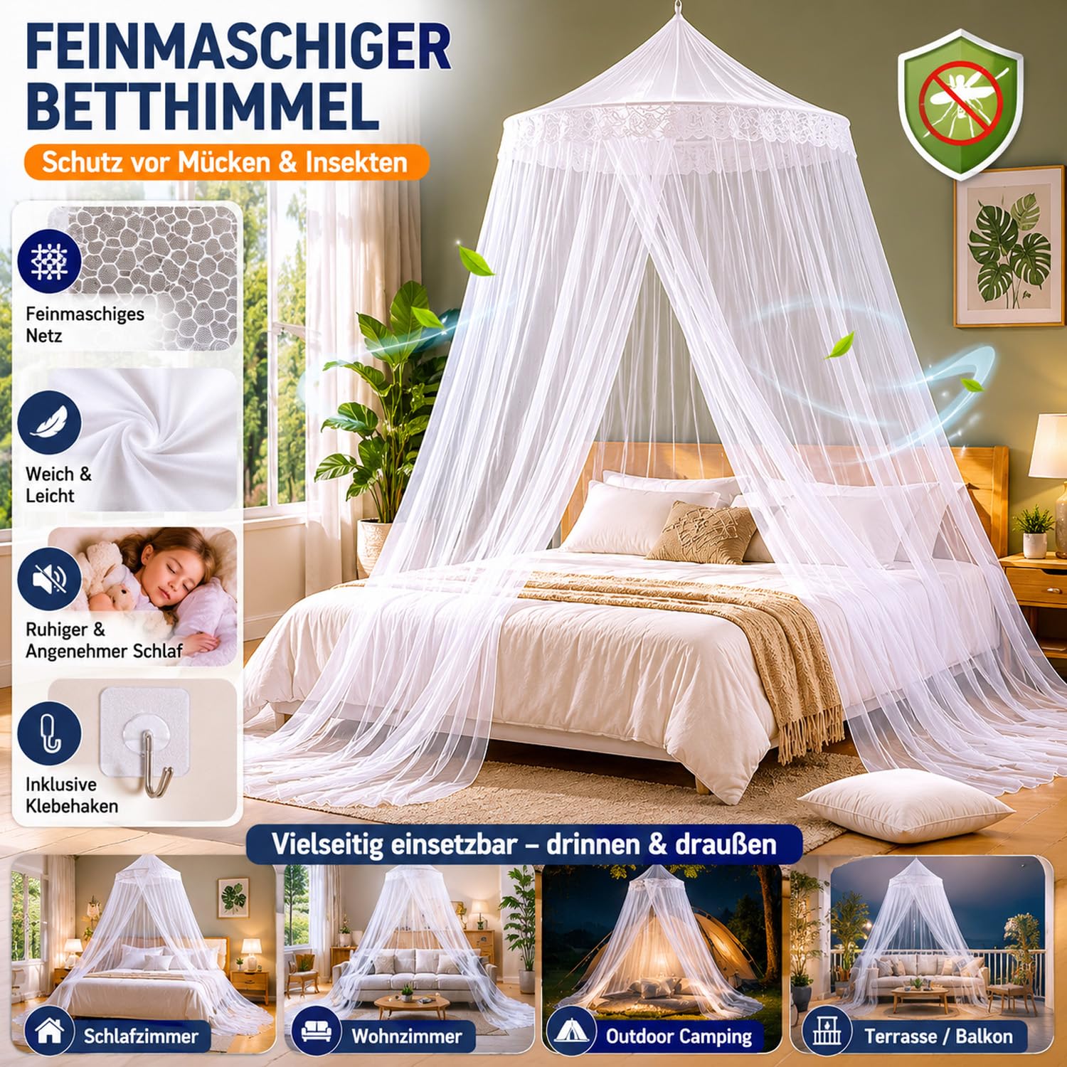Zanzariera letto Zanzariera Letto Matrimoniale 60 x 250 x 1100cm,per Letto Bimbi/Matrimoniale/Singolo, Facile da Installare con Kit Completo,Protezione dalle Zanzare