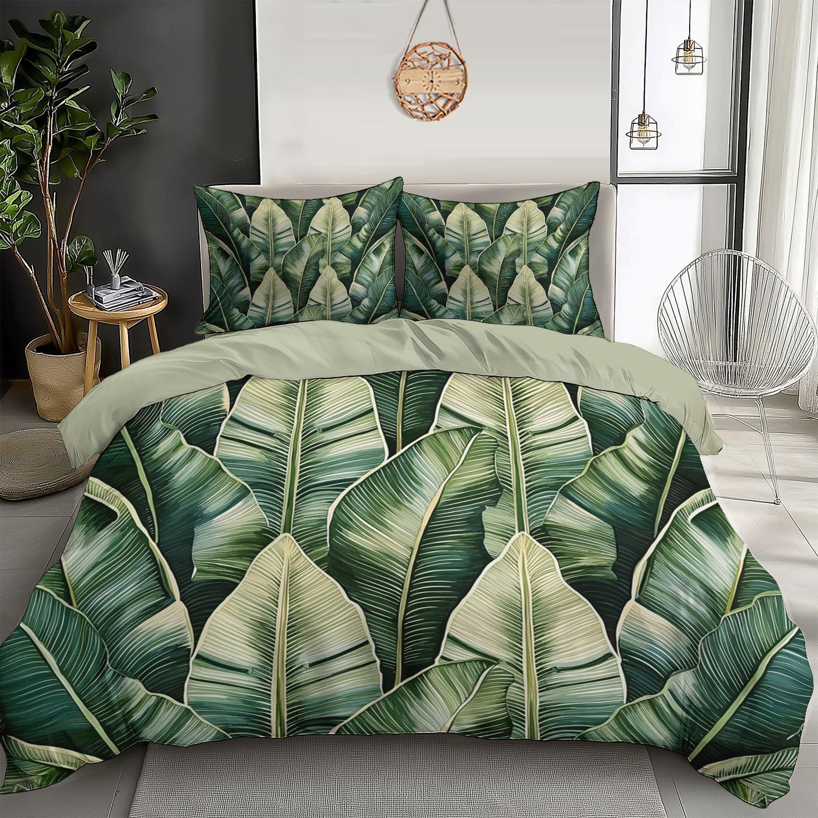 Housse de couette 140x200 palmier vert foncé en microfibre avec taie d'oreiller