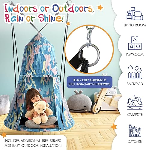 Miniatura 6 de ActiveAllStarz Columpio de platillo para tienda de campaña colgante, columpio flotante desmontable con patrón de camuflaje, juegos de columpio de