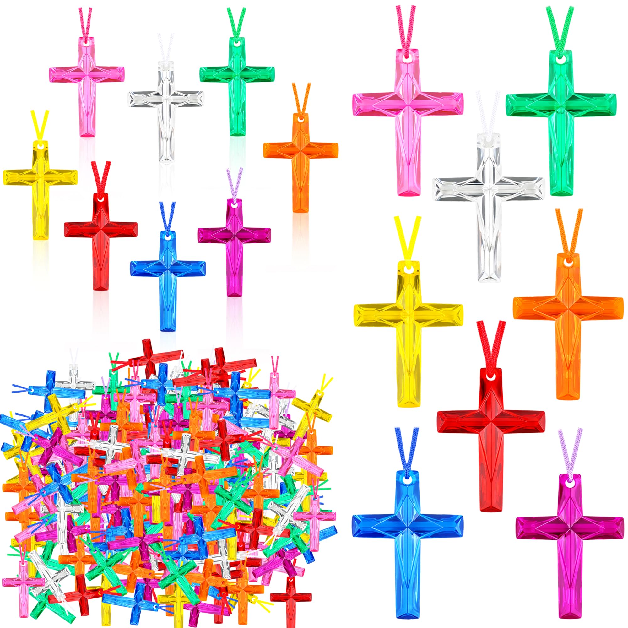 Kugliwa 128 Pcs Crystal Cross Necklace Plastic Colored Cross Necklaces Bulk for Christian Religious Party Favors School Prizes Church Easter Egg Fillers Gift, 8 Colors