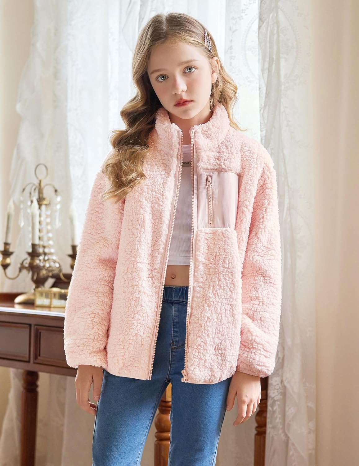 Arshiner Girls Fleece Jacket Sherpa Fall Winter Full Zip Fuzzy Coat Outwear with Pockets - Image 2