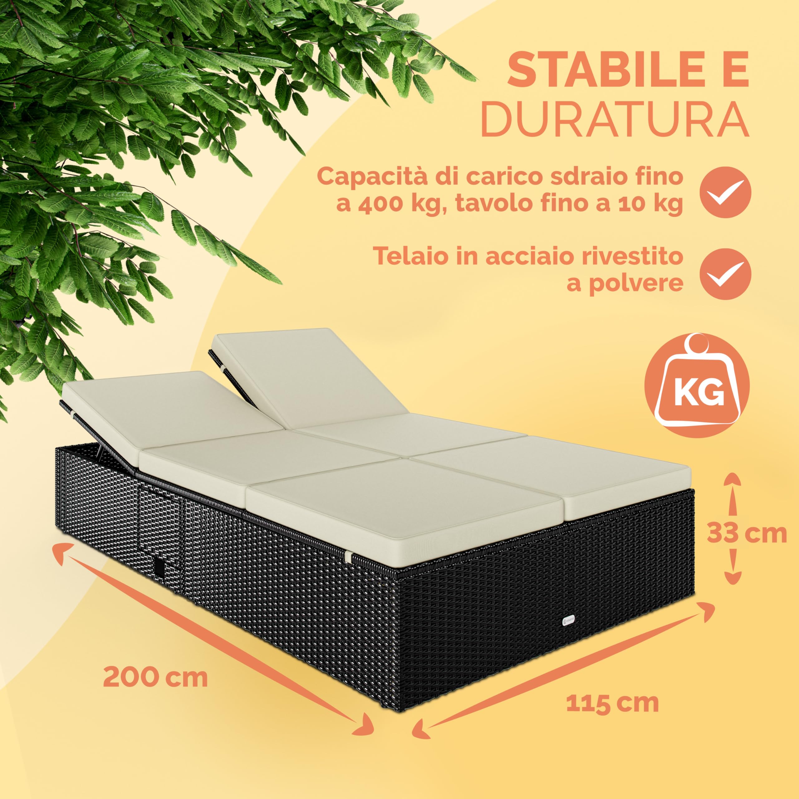Casaria® Lettino Doppio con Tavolino 200x115cm Capacità di Carico 220kg