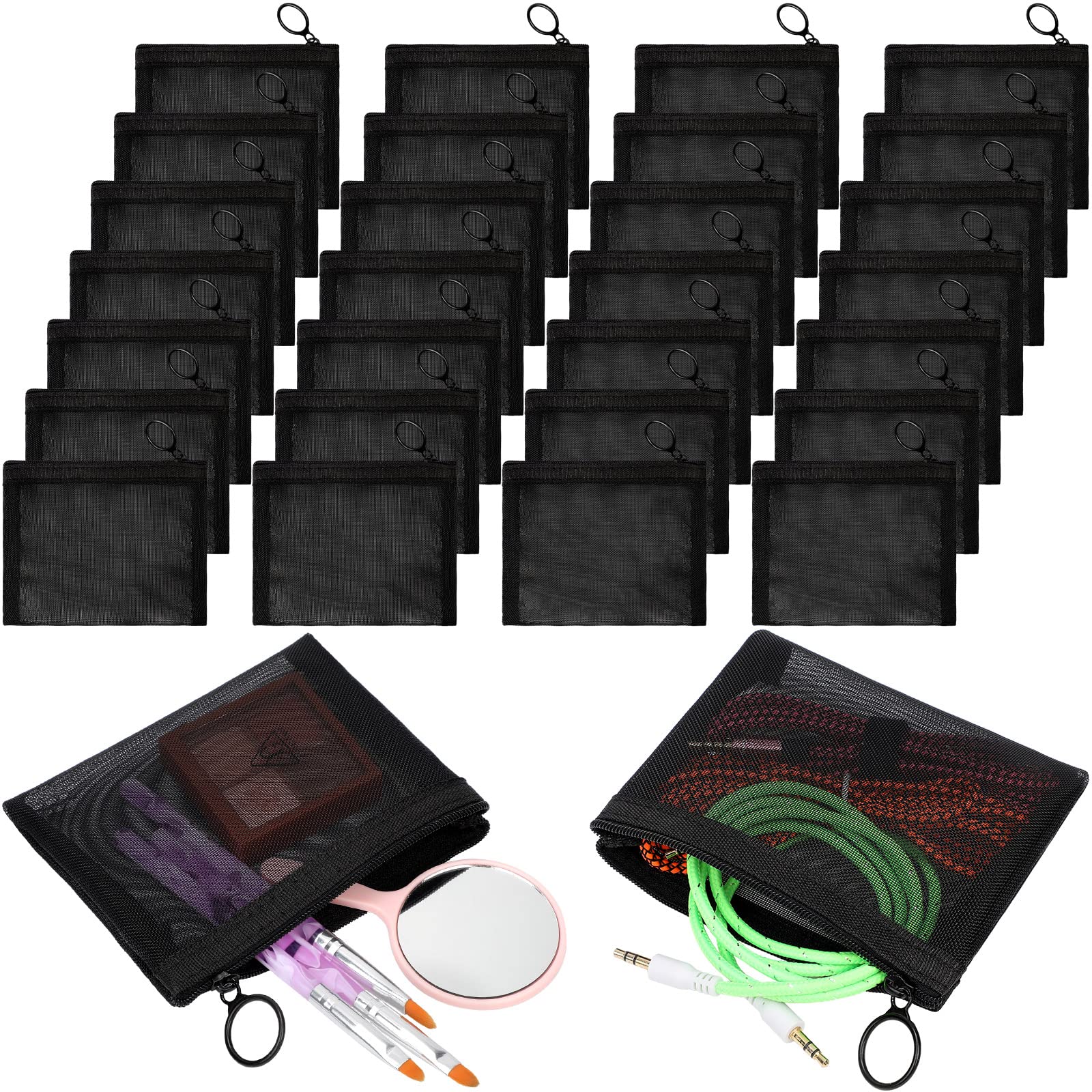 Jexine30 Pieces Mini Zipper Mesh Bags Nylon Small Zipper Pouch Mini Pouch Portable Beauty Purse Mesh Coin Purse for Travel Home Keychain Holder Makeup Cosmetic Storage, Black, 5 x 4 Inches, /
