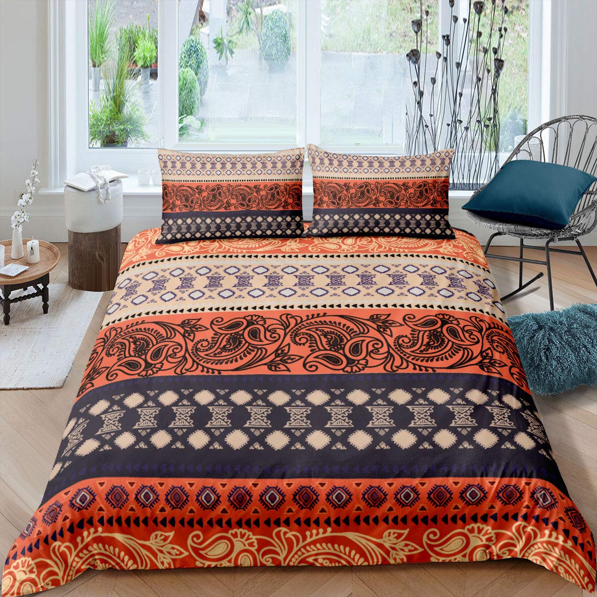 Loussiesd Boho Paisley Print Bedding Set Women Bohemian Exotic Style Duvet Cover for Kids Adults Retro Tribal Stripe Comforter Cover Bedspread Cover Bedroom Decor Quilt Cover 3Pcs Double Size