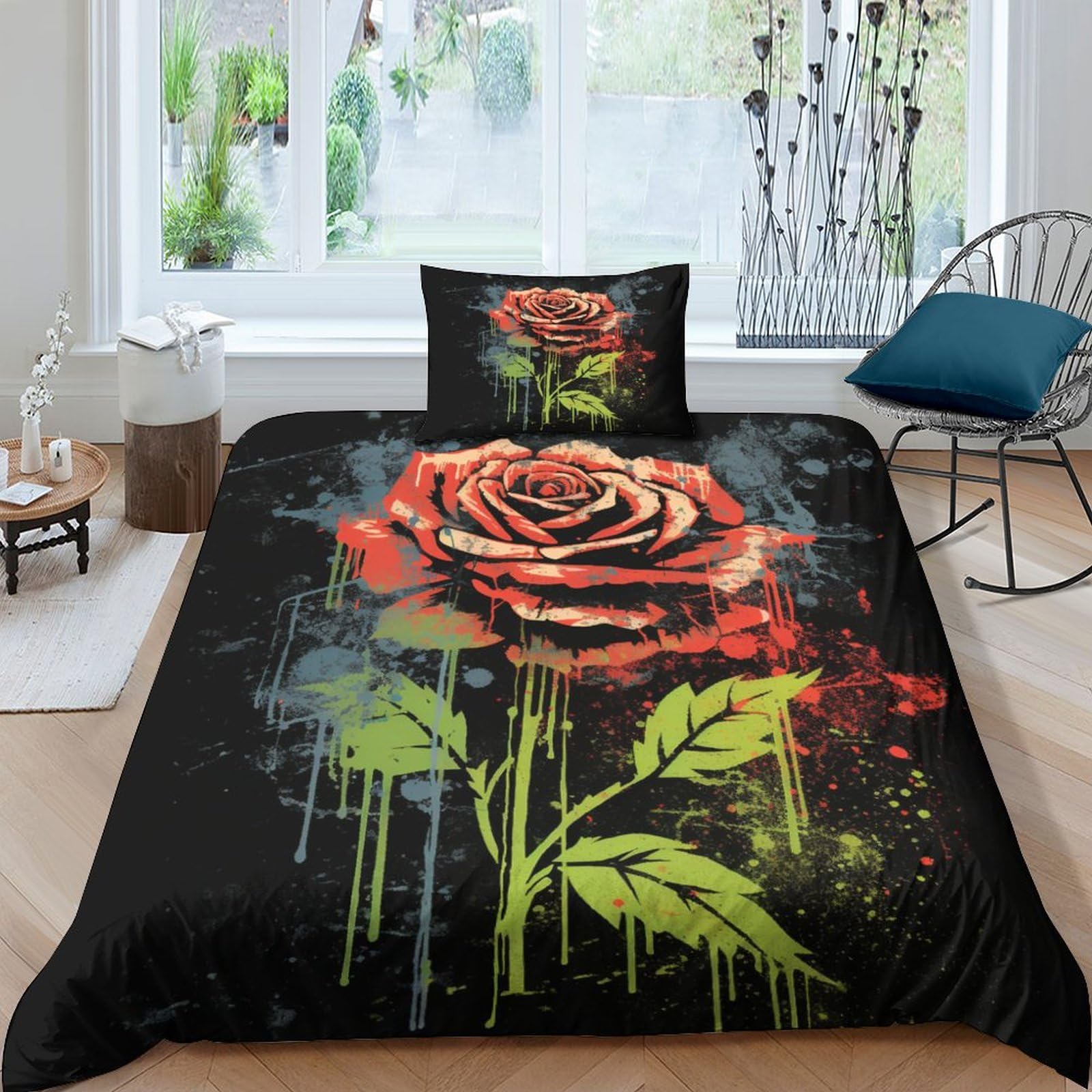 Housse de couette roses anciennes style vieilli en microfibre parure de lit 135x200cm