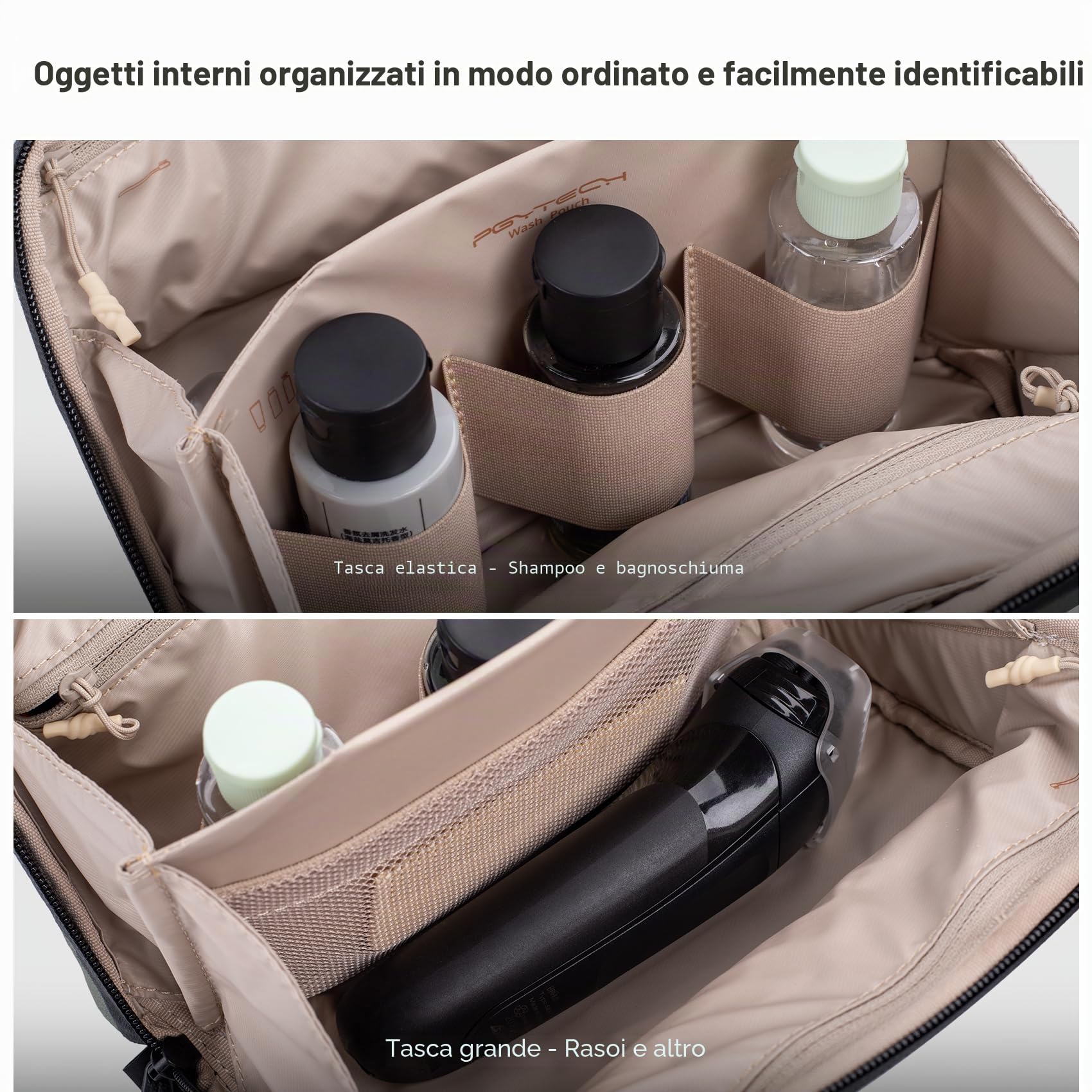 PGYTECH Borsa da Toilette Beauty Case, Organizer da Viaggio Nero | Tessuto Impermeabile, Separazione Asciutto e Bagnato, Gancio da Appeso, Scomparti Multipli, Custodia da Viaggio