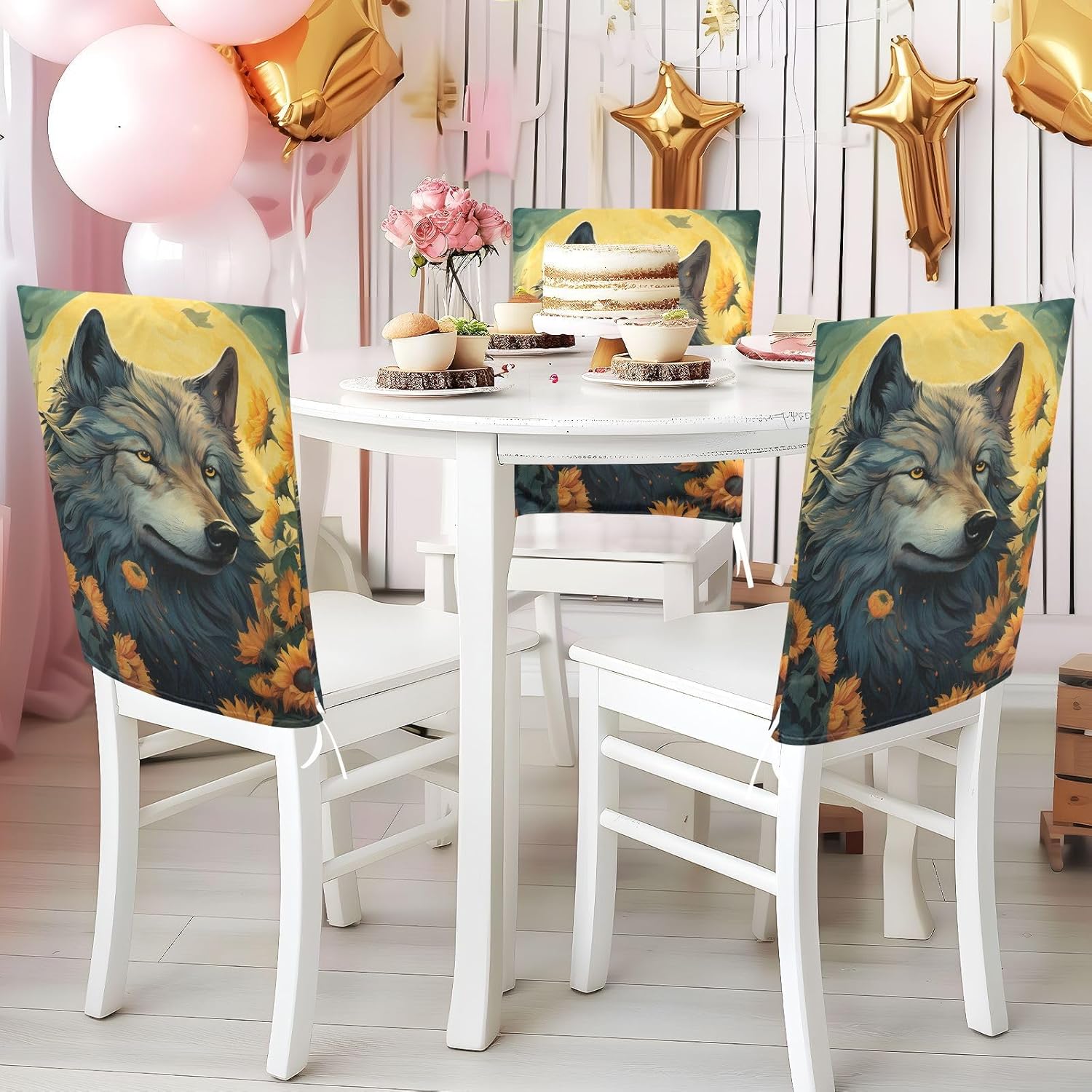 ALAZA Wolf and Sunflowers Chair Back Cover Set of 6, Washable Reusable Removable Chair Slipcovers Decorative Chair Cover for Home Kitchen Wedding Party