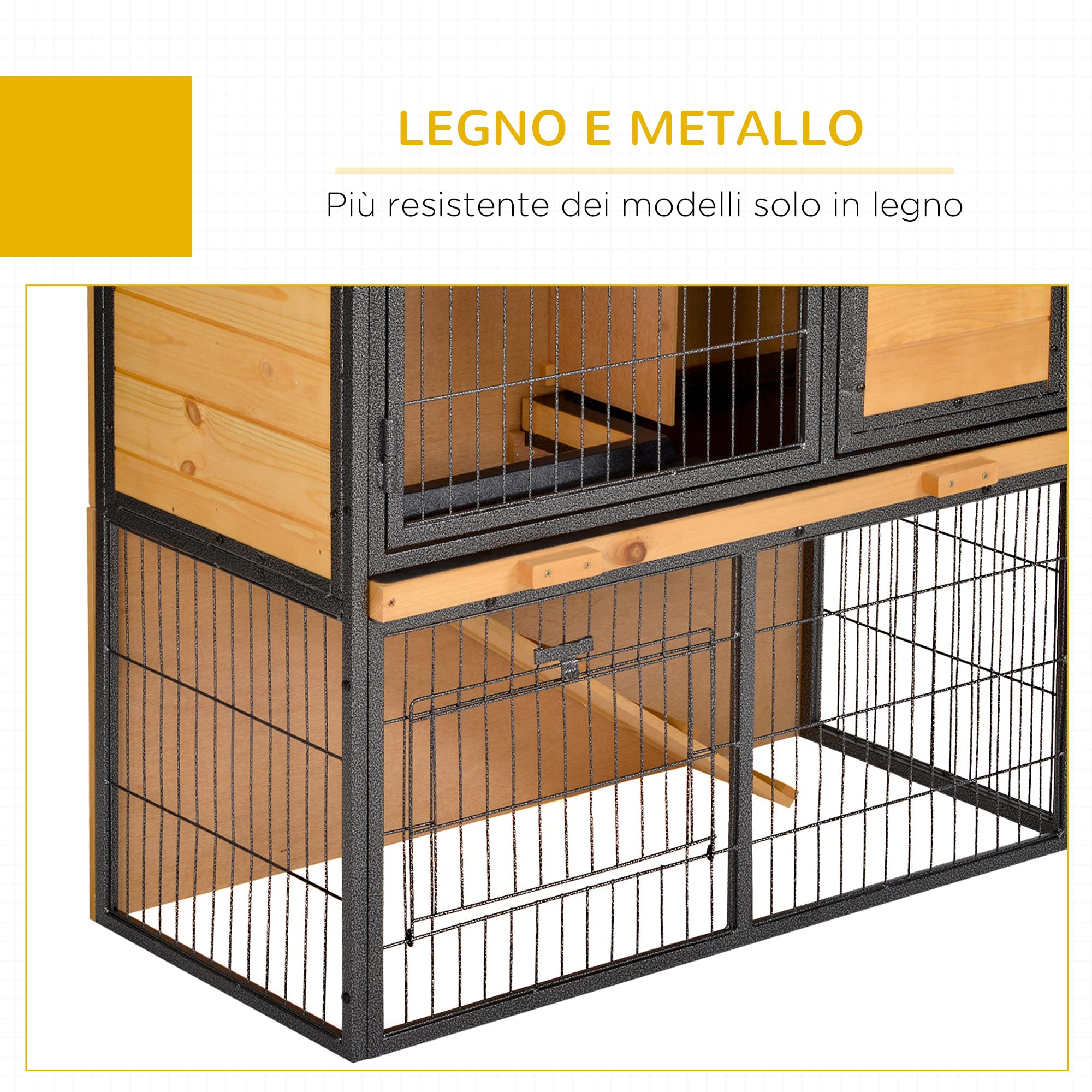 PawHut Gabbia per Conigli con Rampa 2 Livelli 89.5x45x81cm Giallo Chiaro | Area Aperta, Conigliera in Legno e Metallo