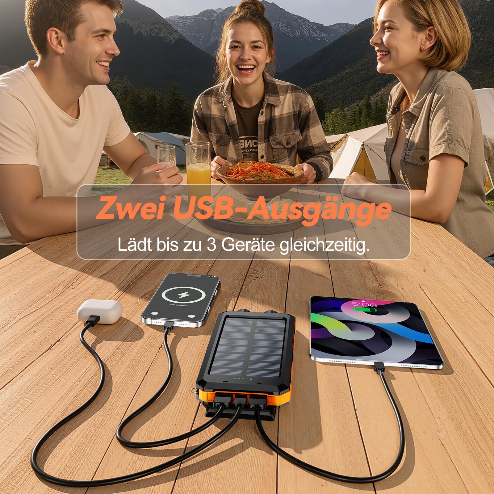 Vikeri Solar Powerbank 26800mAh, Powerbank Solar Wasserdichtes USB C Externer Akku mit 4 Outputs, Power Bank für Smartphones, Tablets und mehr (Dunkelorange)
