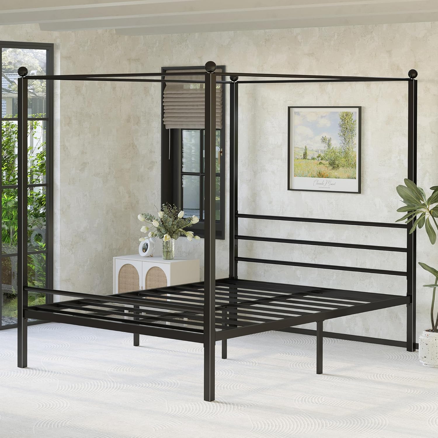 Full Canopy Bed Frame, Four Poster Metal Full Size Canopy Bed Frame, Heavy Duty Mattress Foundation with Underbed Storage, No Box Spring Needed, Easy Assembly, Black