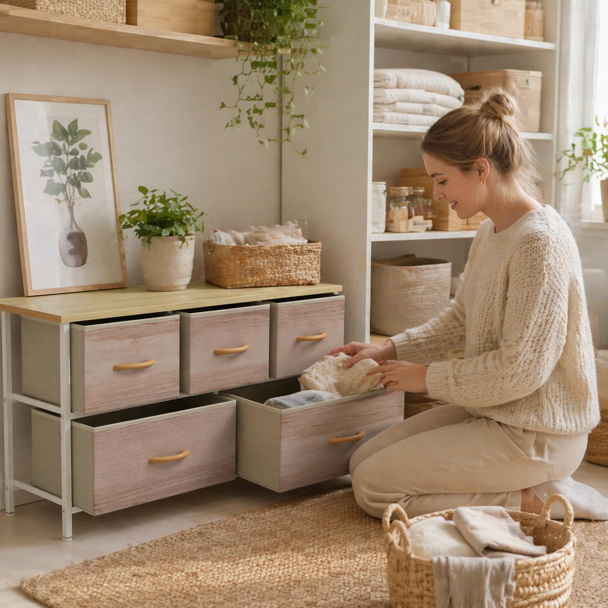 HOMCOM Cómoda con 5 Cajones de Tela para Dormitorio Salón Natural y Blanco