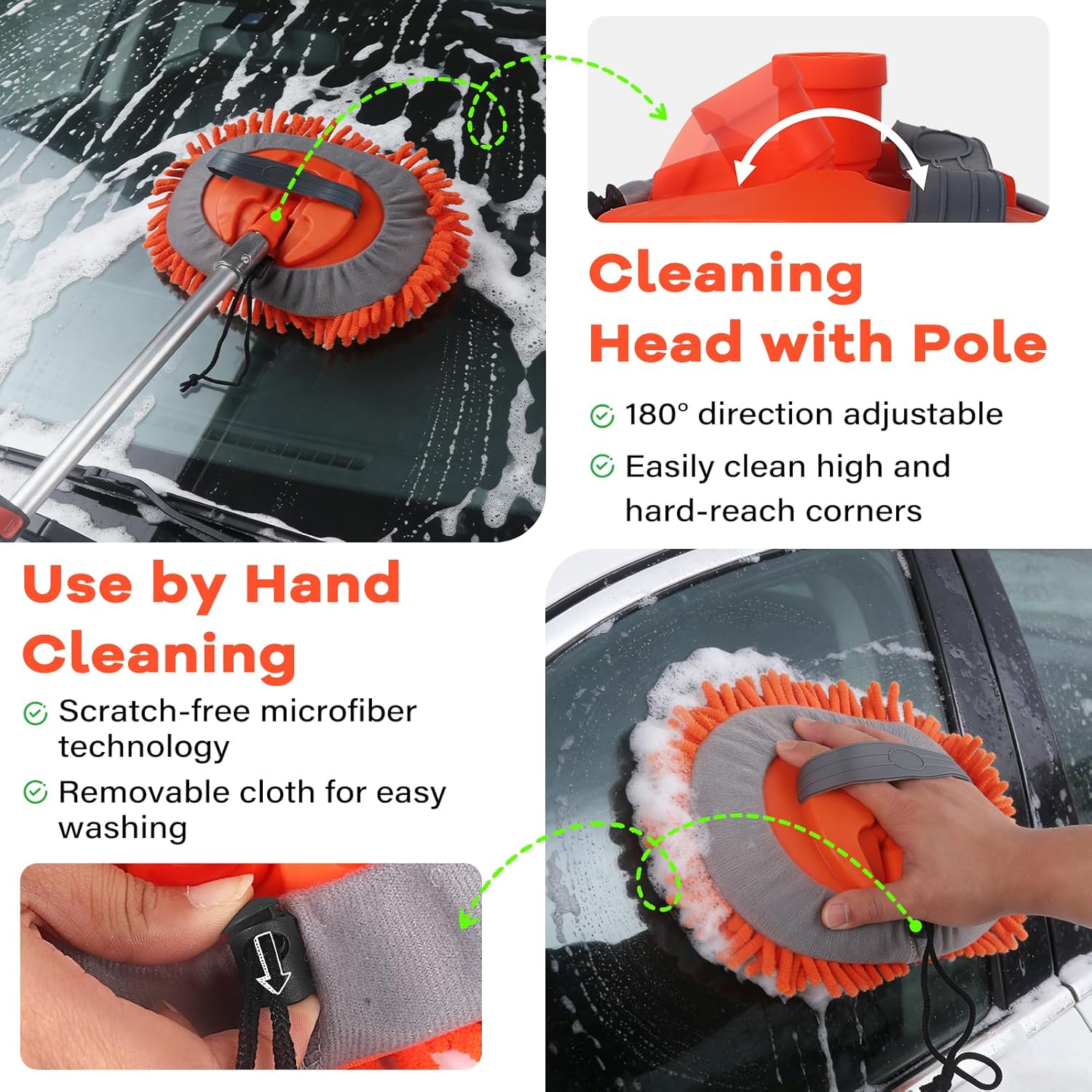 Car Wash Brush with Long Handle,144" Scratch-Free Soft Bristle Car Cleaning Kit with Extension Pole,Microfiber Clean Mop,Window Squeegee,Mitt,Wheel Brush for RV,Truck,SUV,Siding Washing