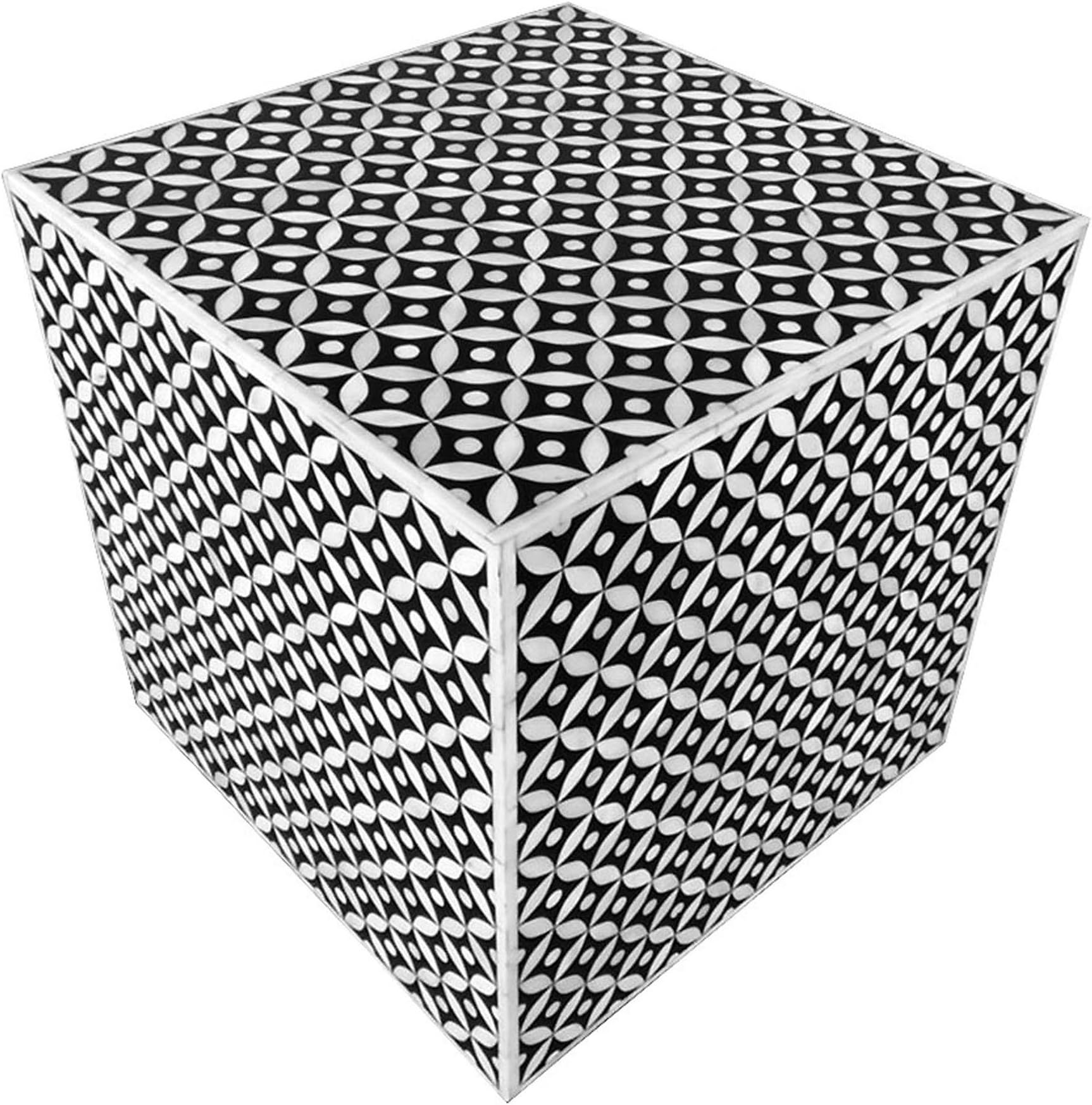 Favors Handicraft 18" Square Geometric Bone Inlay Side Table in Black and White