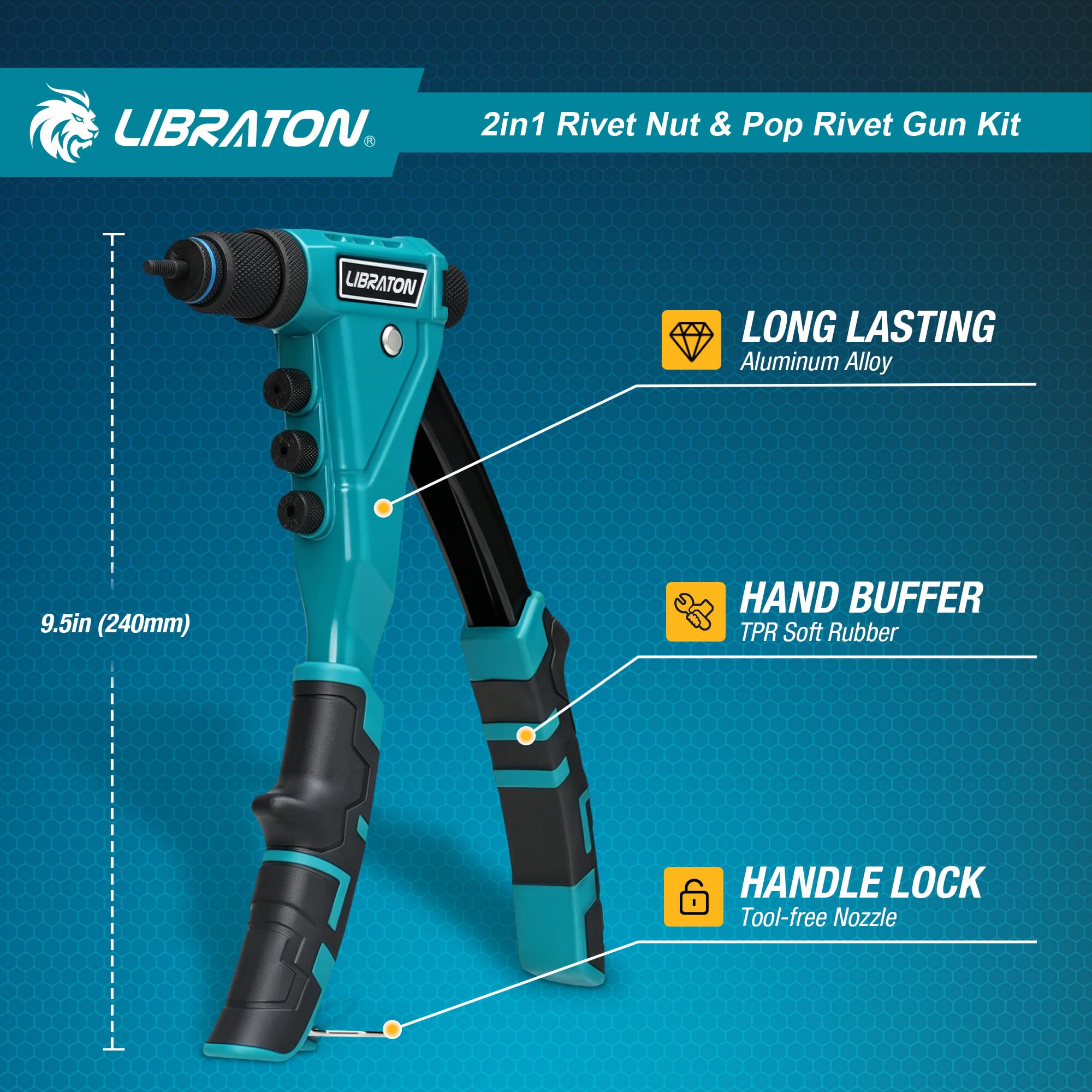 LIBRATON Kit de Remachadora de Tuercas y Remaches 2 en 1, con 4 Mandriles (M3-M6), 4 Boquillas (2.4-4.8mm), 40 Tuercas y 200 Remaches, Remachado Ajustable para Bricolaje y Reparaciones, con Caja