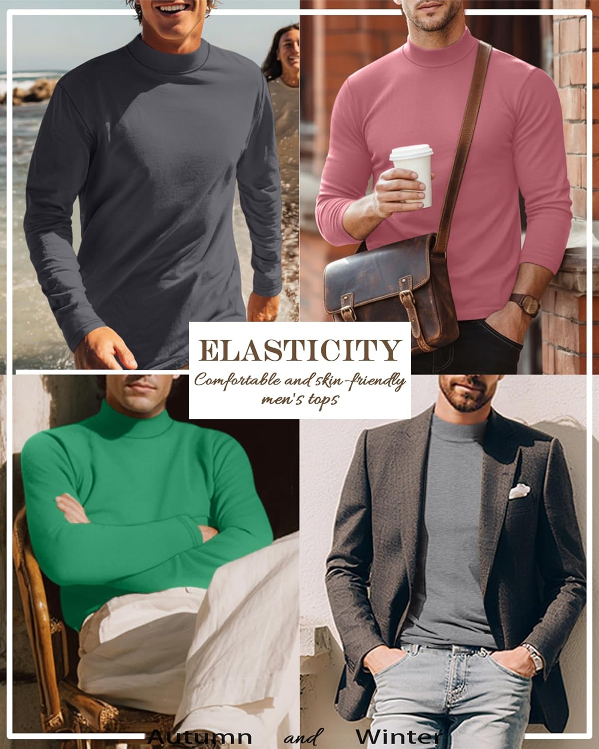 5 Pack Men's Mock Turtleneck Shirts, Long Sleeve Tops Pullover Basic Casual Slim Fit Lightweight T-Shirts Pack - Image 5