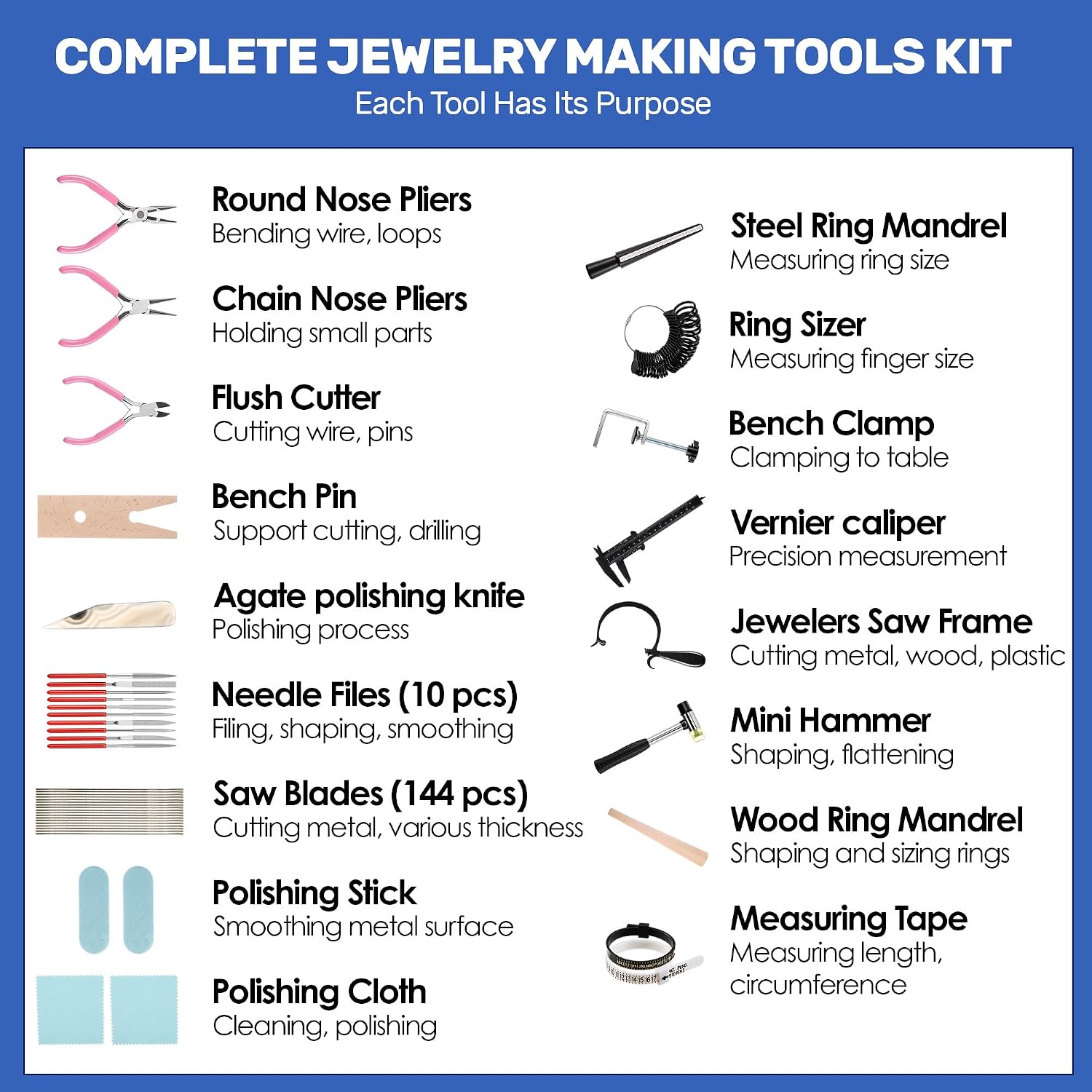 Lanties Jewelry Making Kit for Beginners, Complete Ring Making Tool Set with 144 Saw Blades, Ring Mandrel, Sizer, Bench Pin, Files, Hammer & Pliers, Silversmithing Starter Kit for DIY Jewelry Projects