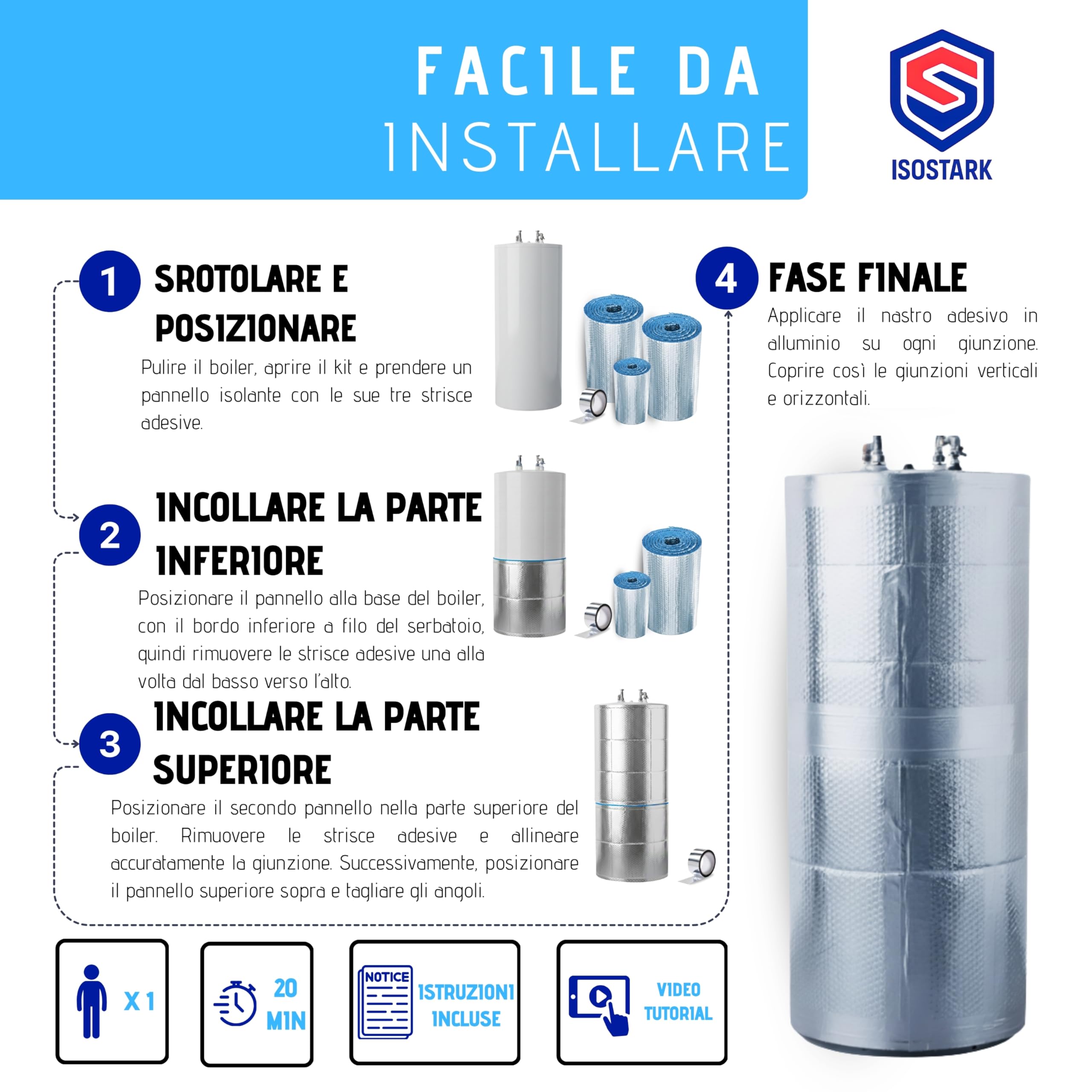 Kit di isolamento termico 4 strati per bollitore fino a 300 L – Facile da installare – Risparmia energia e riduce i consumi