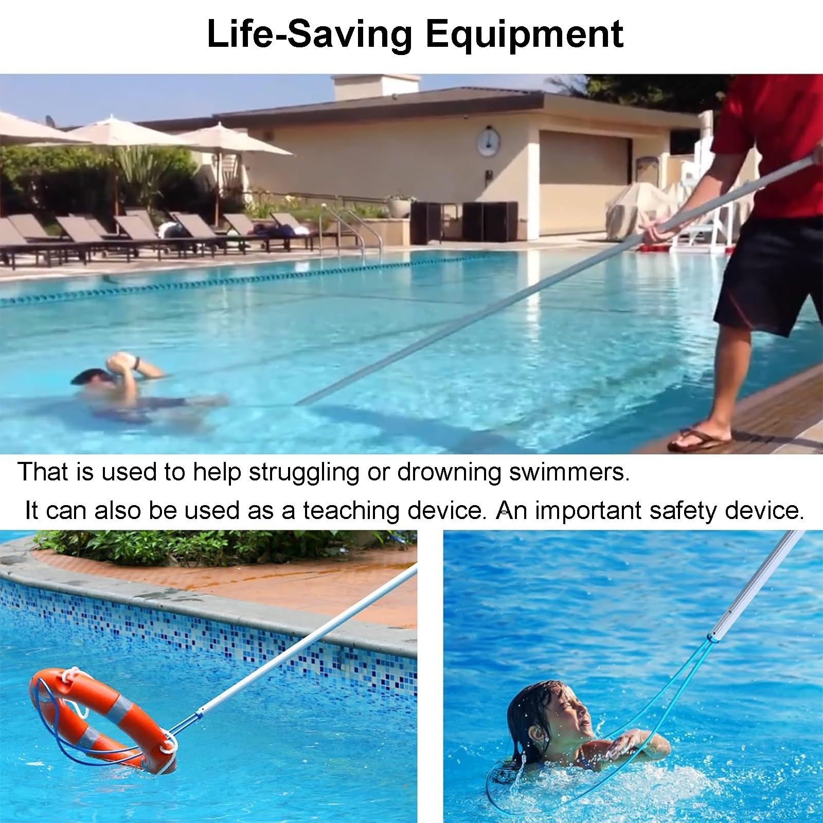 Pértiga telescópica de Rescate de Emergencia con Gancho de Seguridad para la Seguridad acuática, Ideal para Piscinas, Parques, embarcaciones y muelles lacustres.