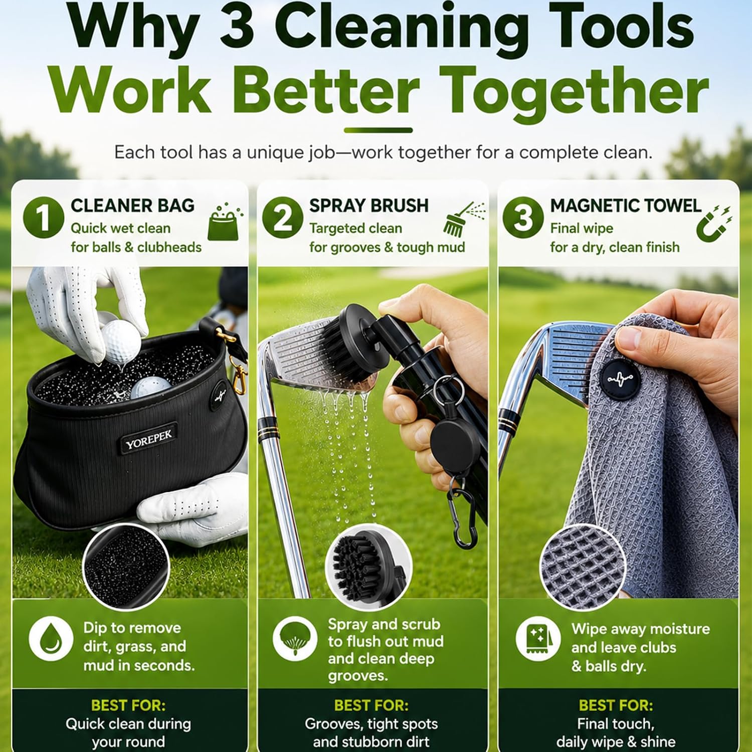 YOREPEK 3-in-1 Golf Club Cleaning Kit, Golf Gifts for Men & Women | Golf Ball Cleaner Pouch with Press-to-Spray Brush and Magnetic Golf Towel Packaged in a Box, Golf Accessories for Men