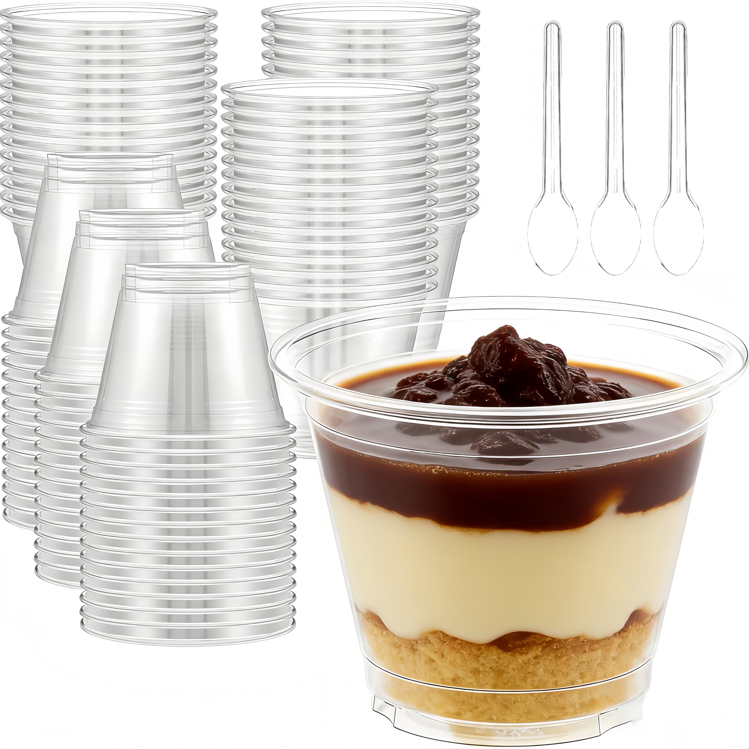 EcjoyHub 50 stuks dessertglazen van kunststof, herbruikbare dessertbekers, kunststof dessertbekers, 160 ml, met lepels, transparante dessertkommen voor ijs, mousse, pudding, DIY-desserts