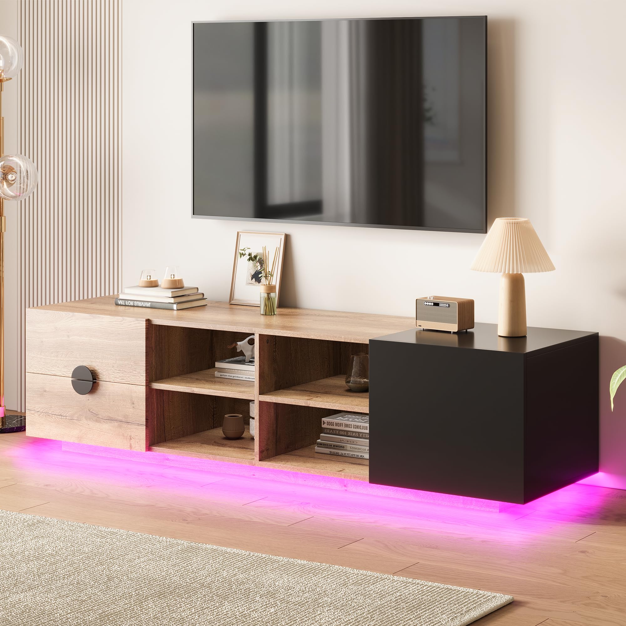 TV Schrank bis 80 Zoll, TV Lowboard mit LED, Fernsehtisch mit Offener Stauraum, TV Board, Fernsehschrank, Sideboard, für Schlaf- und Wohnzimmerschrank, Hochglanzdesign, 180cm, Schwarz