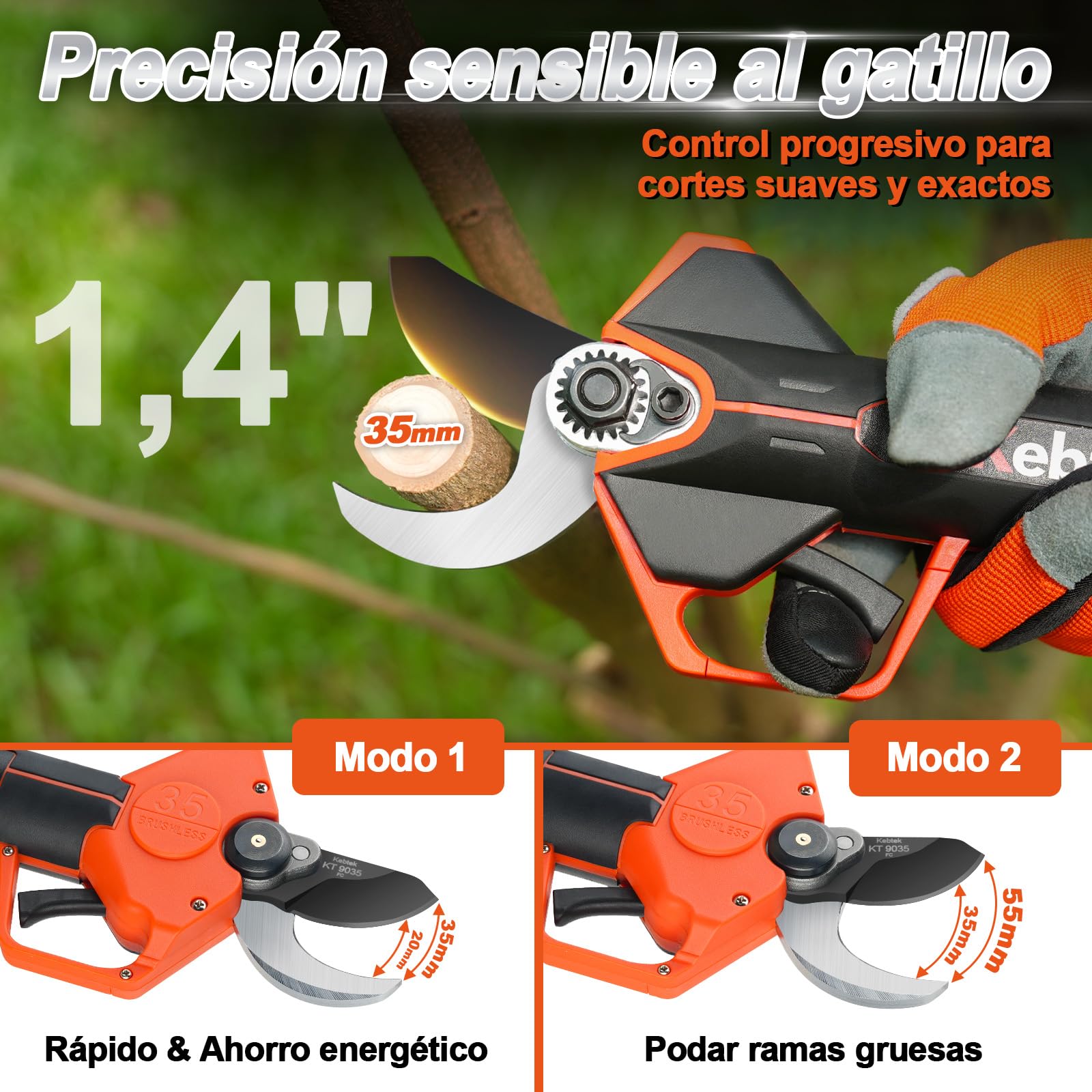 Kebtek KT 9035 Tijera de Poda Eléctrica Profesional 35mm | Batería 21V 4,0Ah, Diseño Ligero, Compatible Con Pértiga Extensible, Ideal Para Árboles, Frutales Y Jardines
