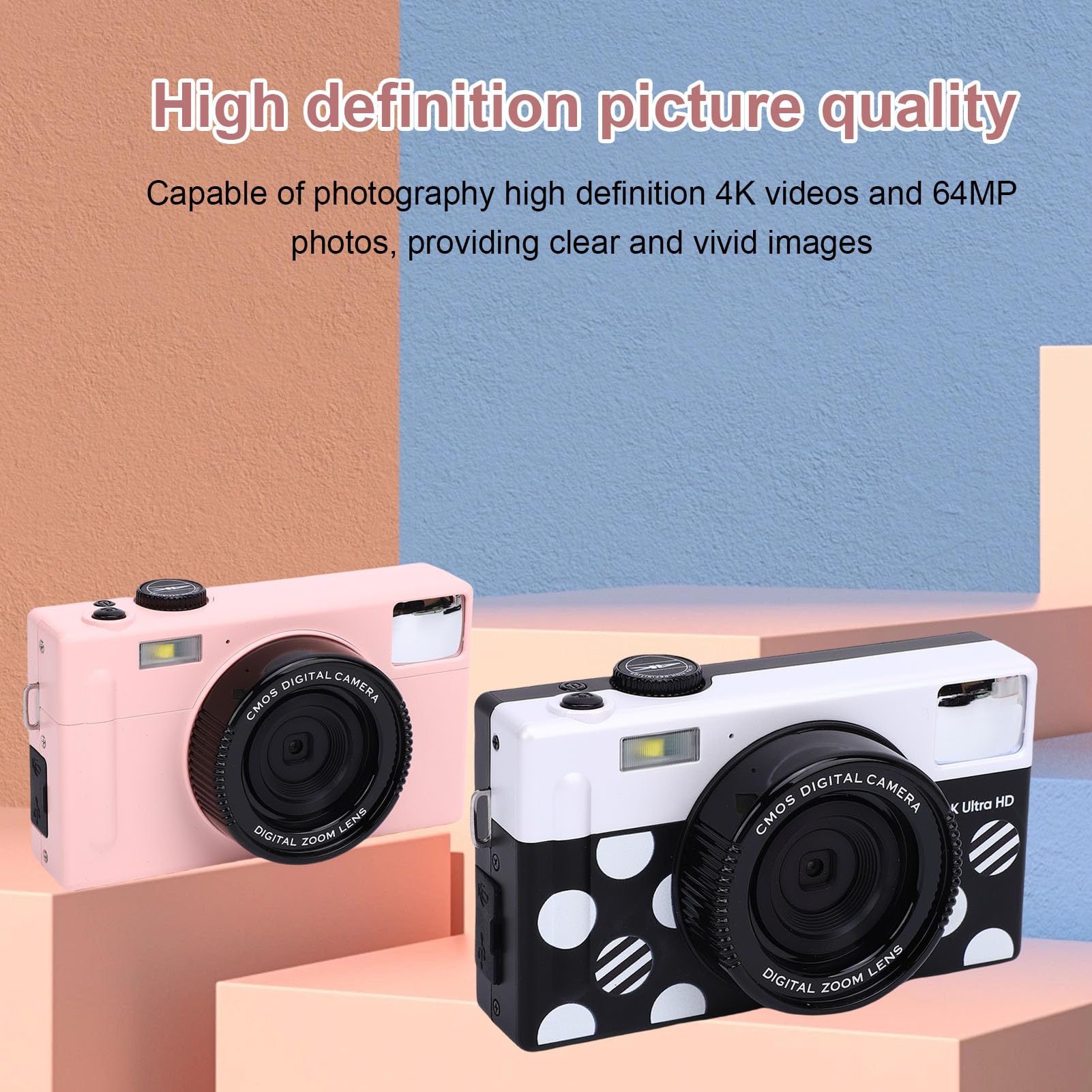 ASHATA Videocamera per Fotocamera Digitale da 64 MP per Fotografia, Videocamere per Riprese, 10 Filtri, Torcia Anteriore, Autofocus, Touch Screen da 3 ", Digicam Vlog per Principianti (nero bianco)