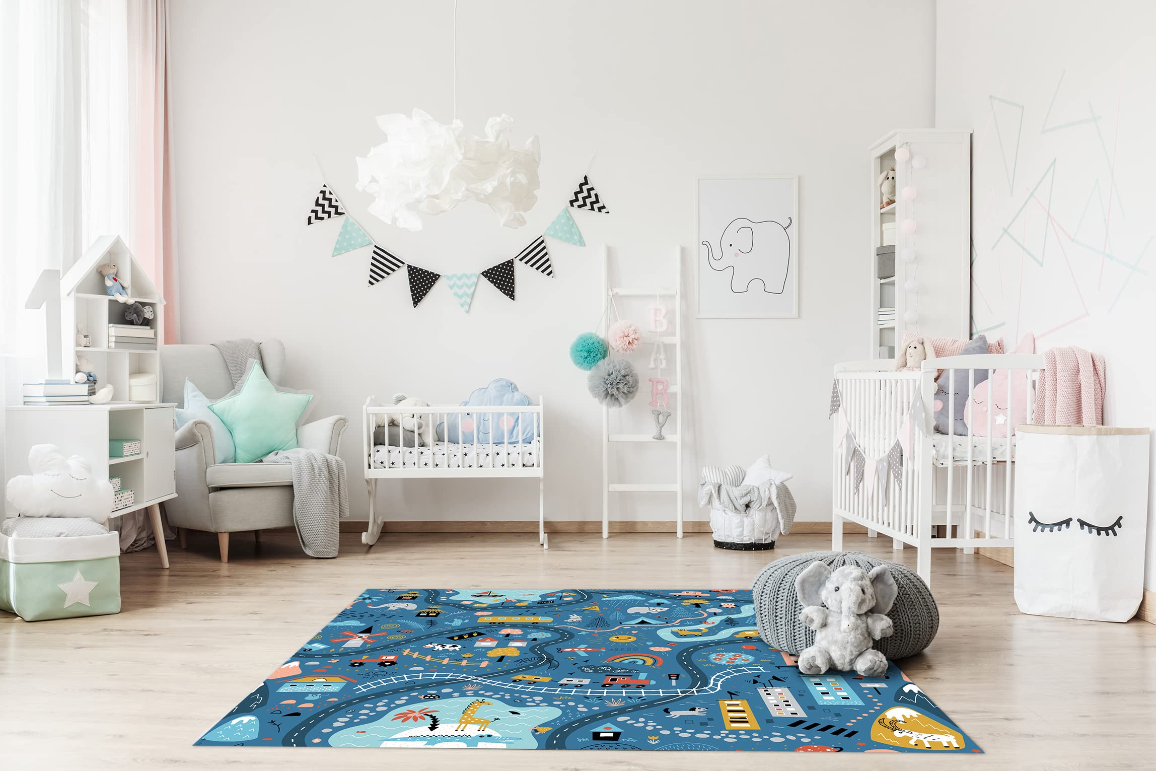 DobleUve Estudio Alfombra Vinílica Infantil 05 | Azul | 200x200 cm | Lavable | Carretera Grande | Suelo Vinilo