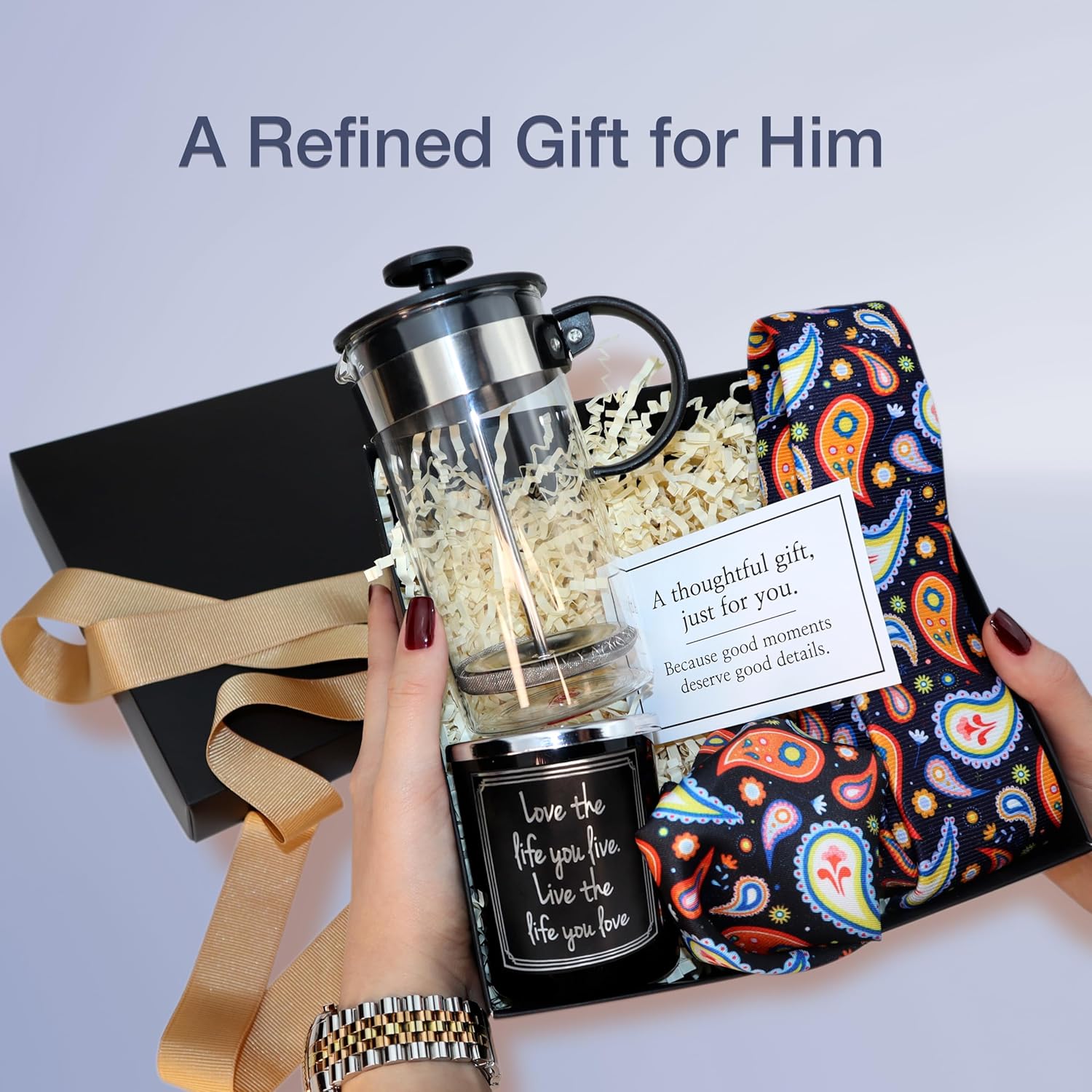 CharmLab Candle – Men’s Coffee & Candle Gift Set, Live The Life Collection with Black Jar, French Press, Tie & Pocket Square, Luxury Gift for Birthdays & Special Occasions