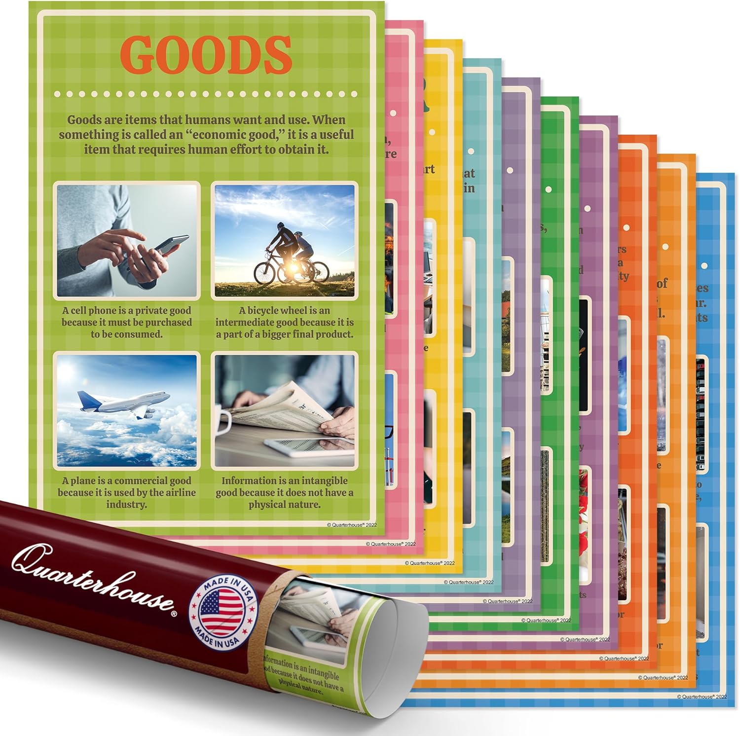 Quarterhouse 10 Poster Economics Vocabulary Set, Social Studies Classroom Learning Materials for K-12 Students and Teachers, 12 x 18 Inches, Made in USA