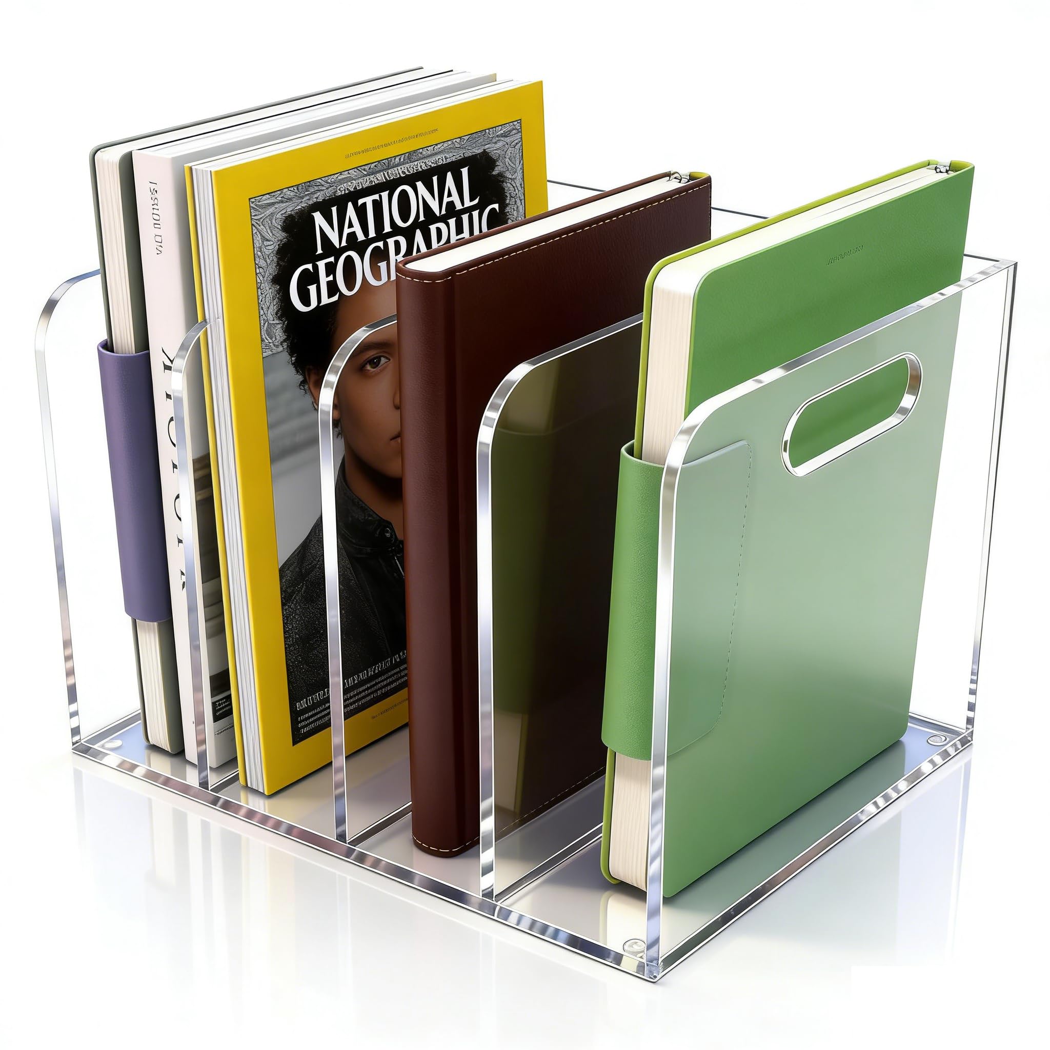 Soporte acrílico para archivos, 3 compartimentos verticales, organizador de documentos de escritorio, carpeta transparente para oficina, documentos, aula, tableta, revistas, libros y accesorios (A4, 4