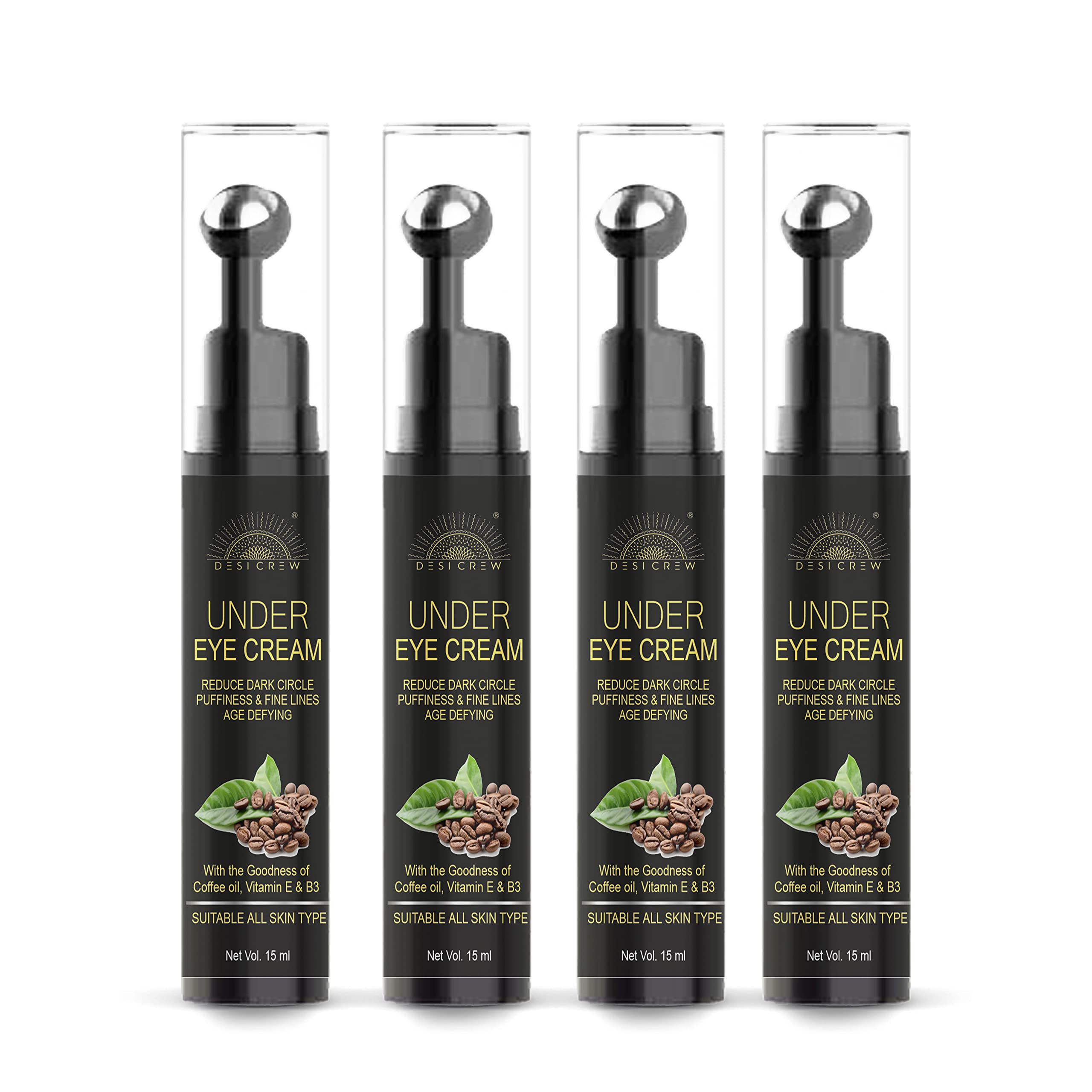 Desi Crew Under Eye Cream Gel for Dark Circles with Vitamin E & Coffee | Users Saw Reduced Dark Circles Reduces Puffiness & Fine Lines Cooling Massage Roller (PACK OF 4 ROLLER 60 ML)-image-11