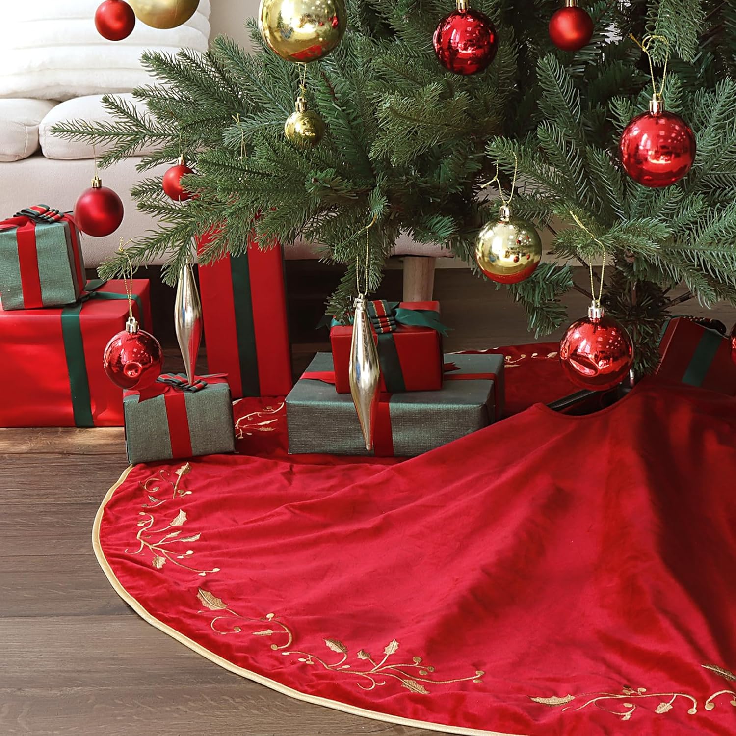 Bunny Chorus Christmas Tree Skirt, 48 inches Red Luxury Velvet Plush Fur Skirts with Gold Embroidered Holly Leaf for Rustic Xmas Tree Holiday Decorations