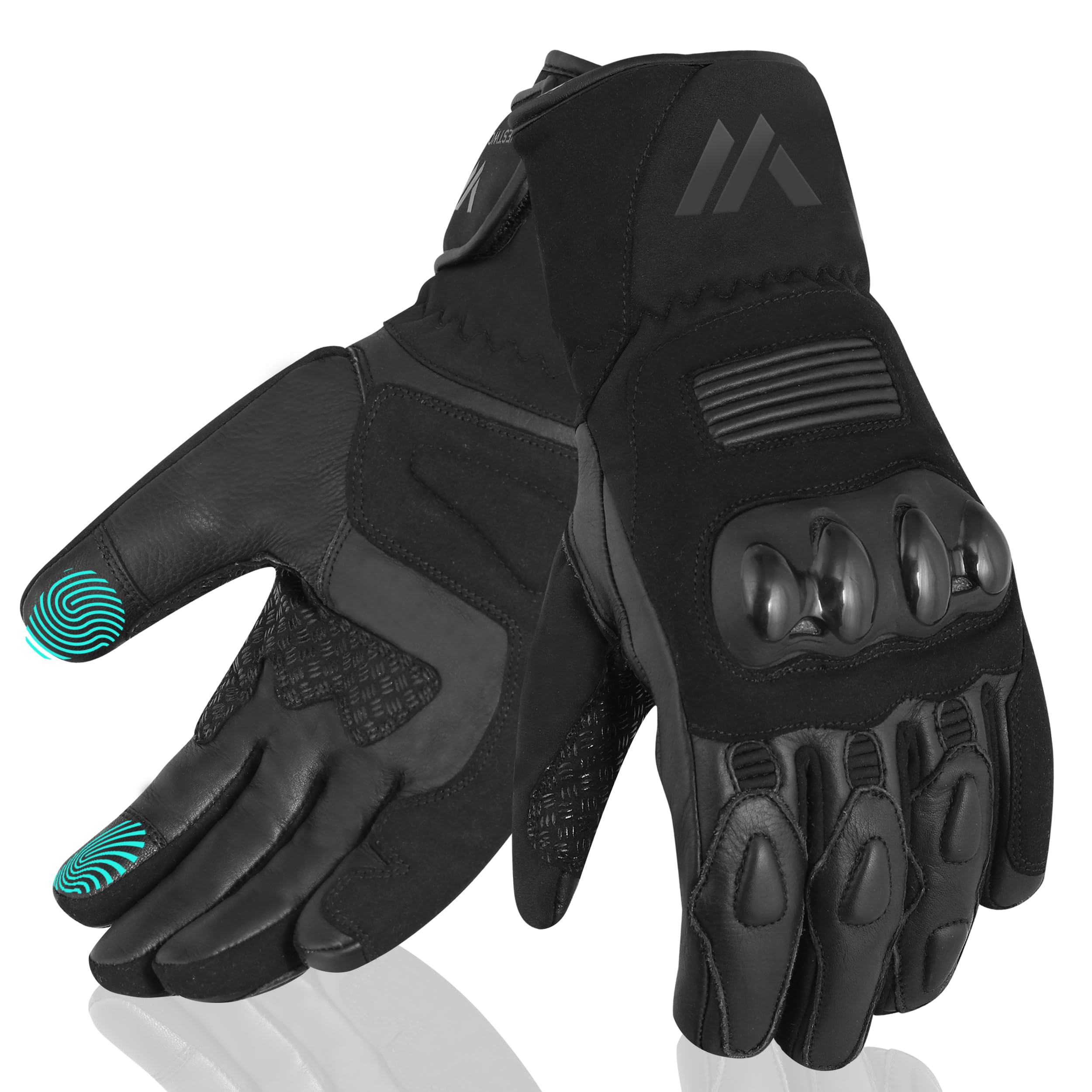 WESTWOOD FOX Motorradhandschuhe für Damen und Herren. Winter-Motorradhandschuhe aus wasserdichtem Thermo-Touchscreen-Leder für BMX, ATV, MTB-Rennen und Outdoor-Aktivitäten. SCHWARZ, L