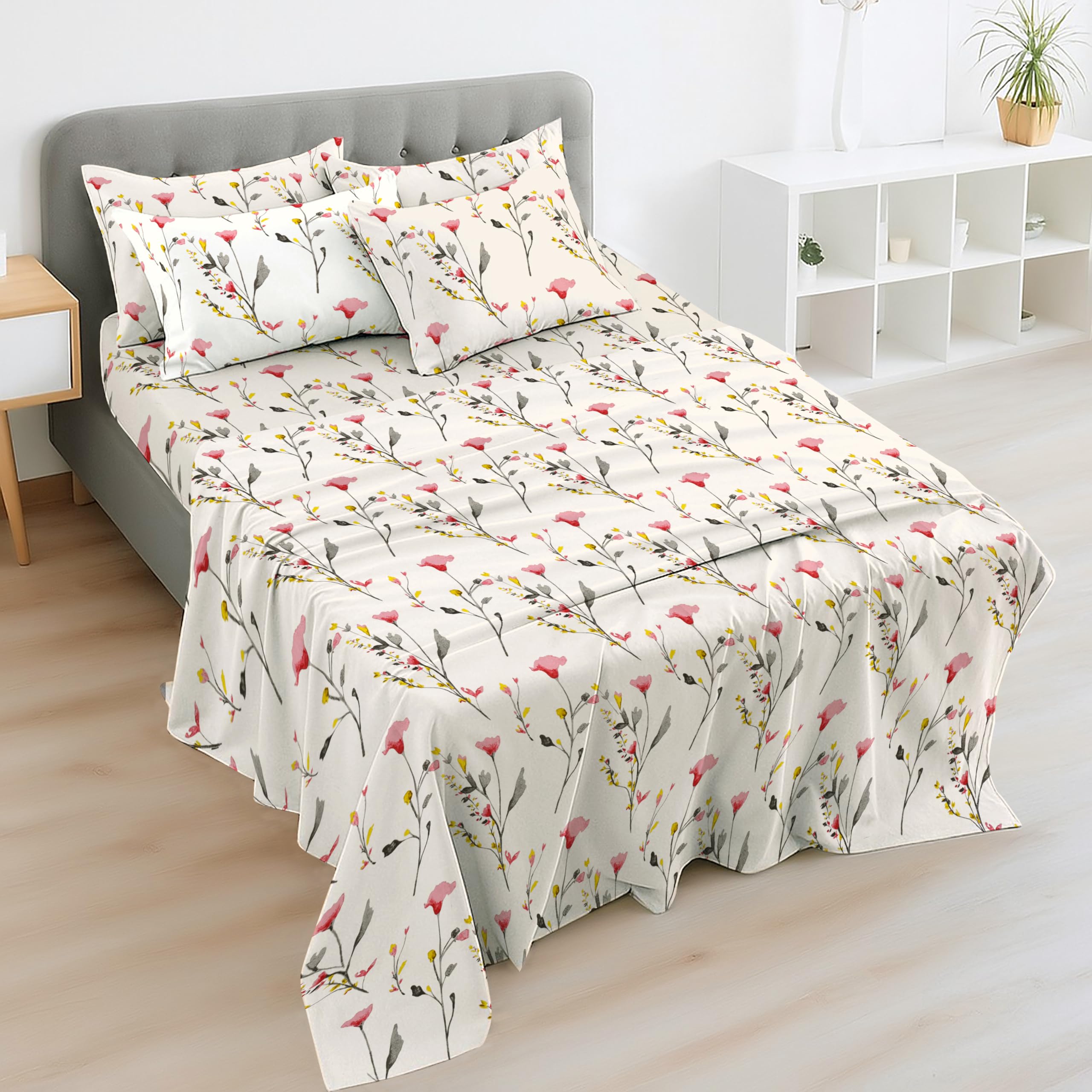 Eversoft Bedding Bloom Pink Eversoft 4Ft Small Double Bed Sheet Set | 100% Egyptian Cotton 400Tc | Deep Fitted & Flat Sheet + 2 Pillowcases | Soft Floral Print Luxury Bedding