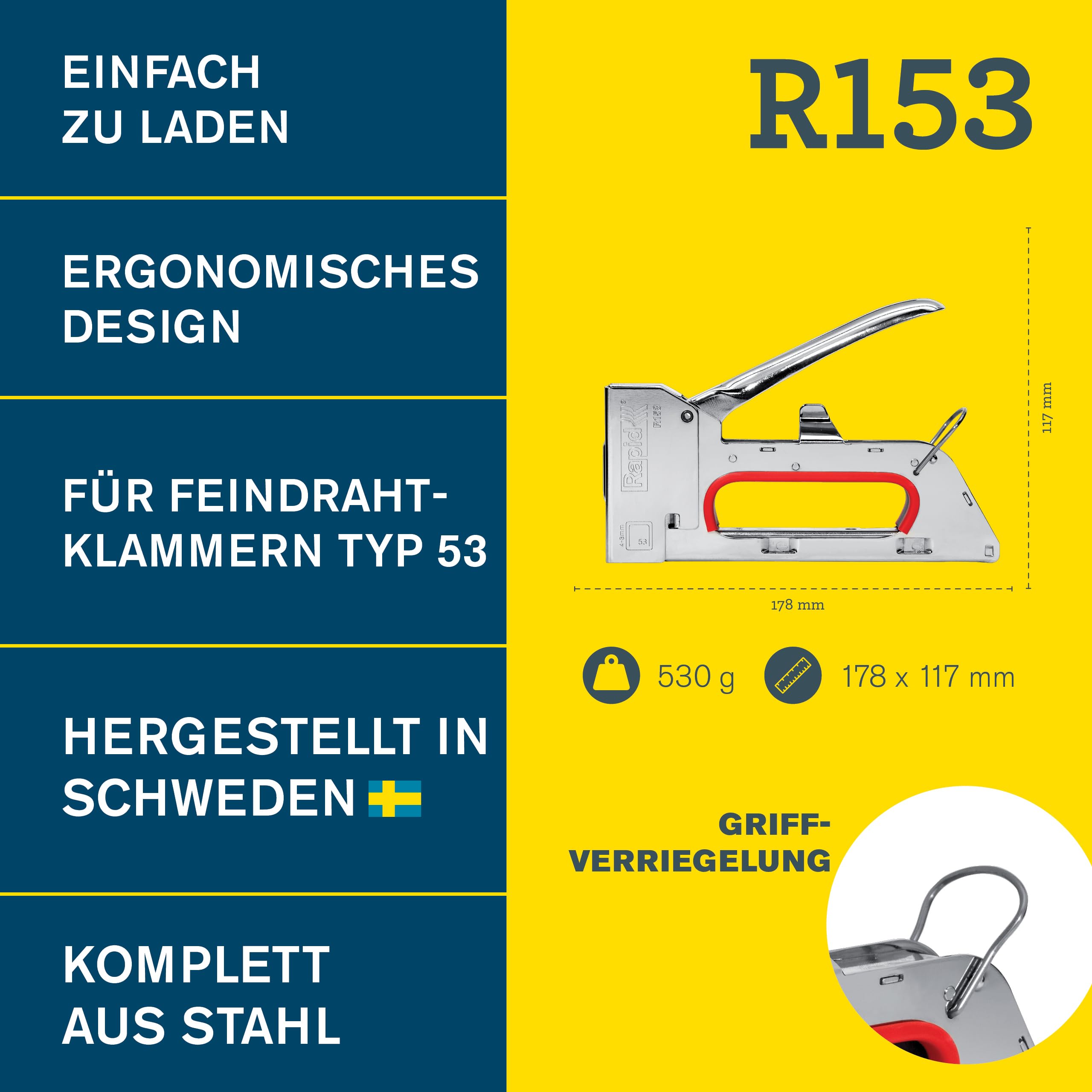 Rapid PRO R153 Handtacker - Kompakter Tacker für Holz und Stoffe, für Typ 53 Feindrahtklammern (4-8 mm), Aus Stahl, Ergonomisch, Rückschlagfrei, Zum Polstern und Dekorieren