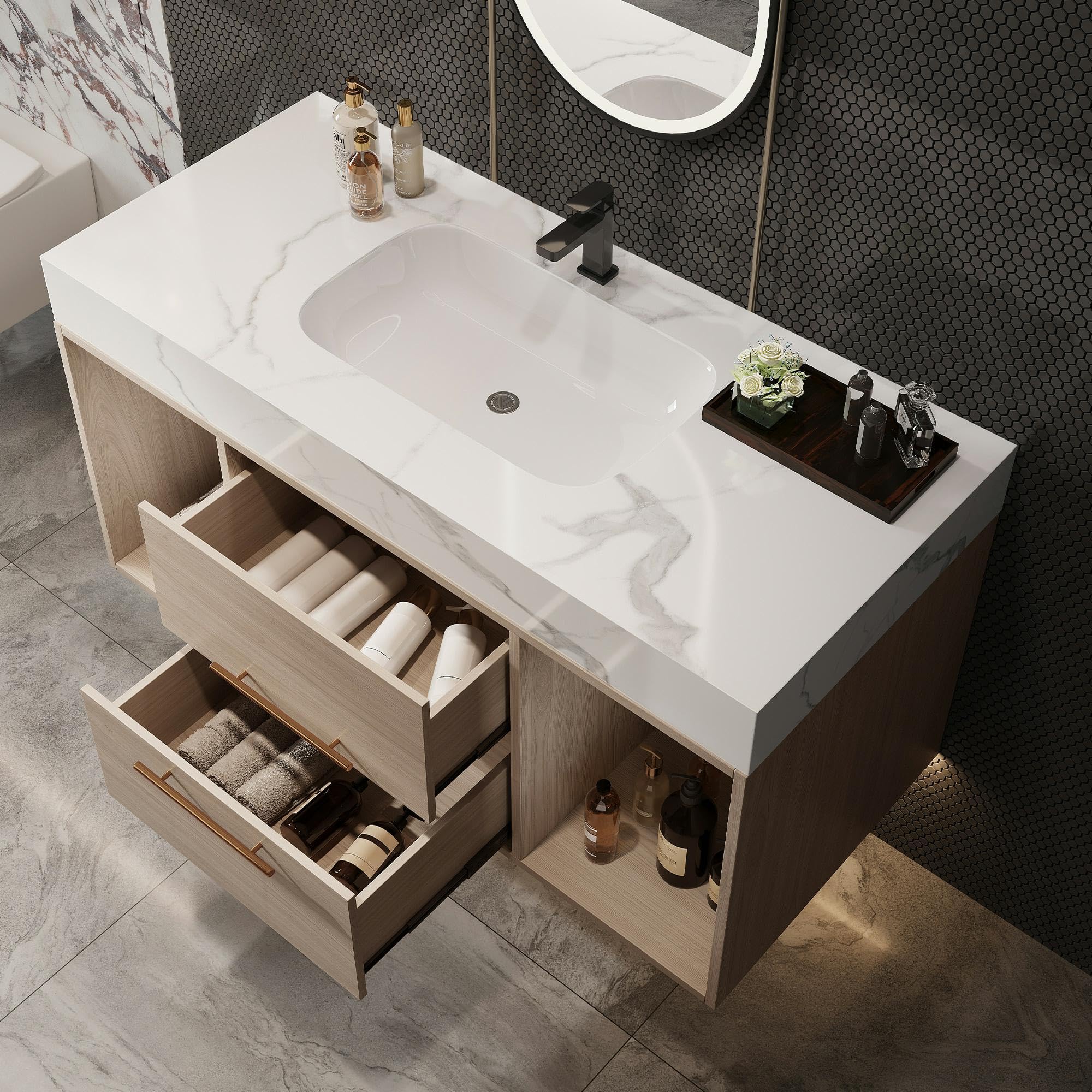 Glintee 40" Modern Floating Bathroom Vanity with Ceramic Sink, Sintered Stone Top, Solid Wood Cabinet - 2 Drawers & 2 Open Shelves,Easy Assembly,Light Oak.