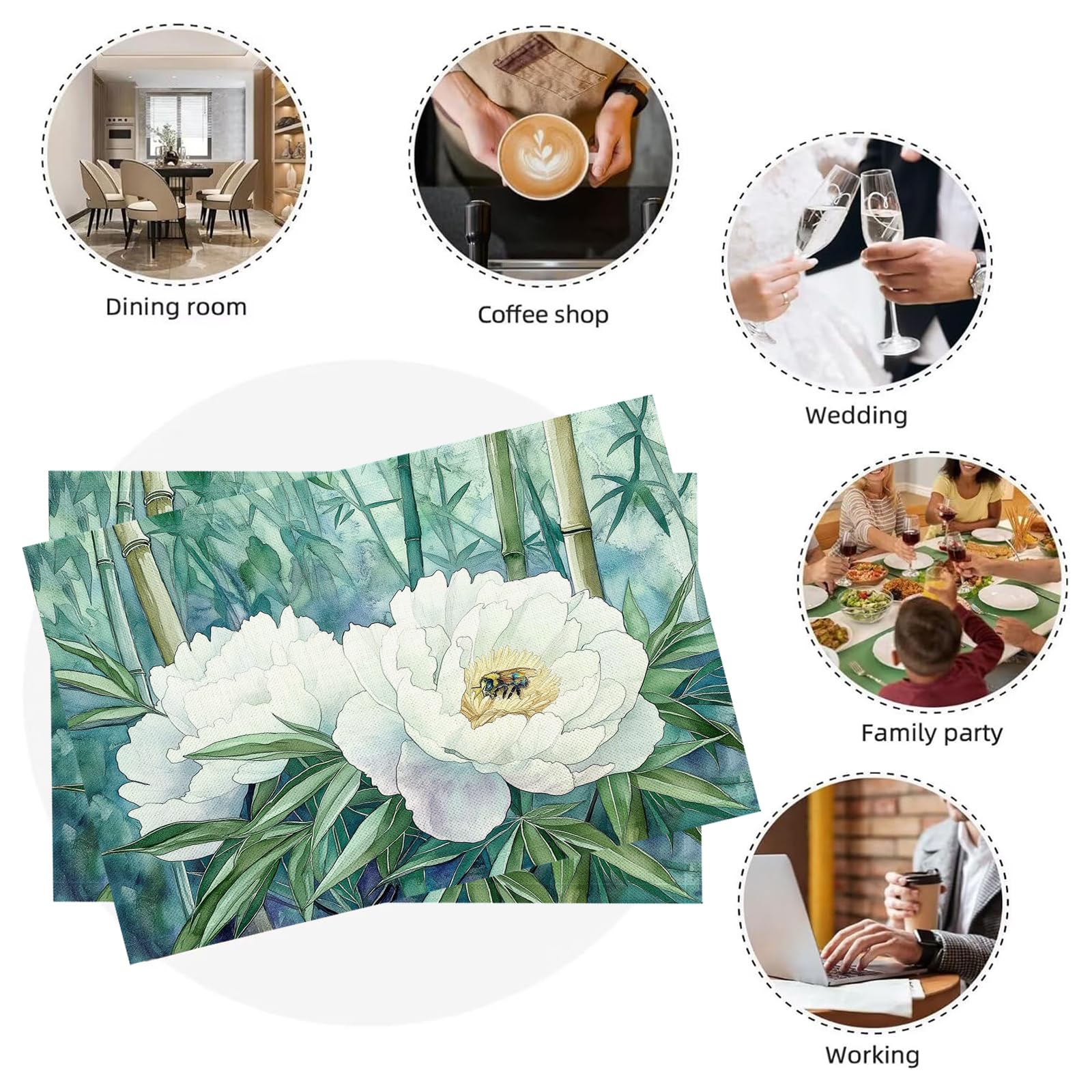 Set di 8 Tovagliette Americane Lavabili Cotone Lino Acquerello - Tovaglietta Americana Resistenti al Calore Durevole Peonia bianca - per Colazione Pranzo 30×45 cm